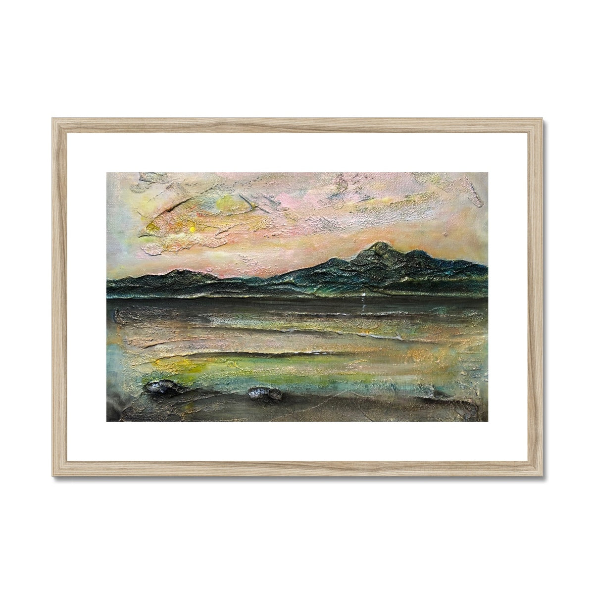 An Ethereal Loch Na Dal Skye Painting | Framed & Mounted Prints From Scotland-Framed & Mounted Prints-Scottish Lochs & Mountains Art Gallery-A2 Landscape-Natural Frame-Paintings, Prints, Homeware, Art Gifts From Scotland By Scottish Artist Kevin Hunter