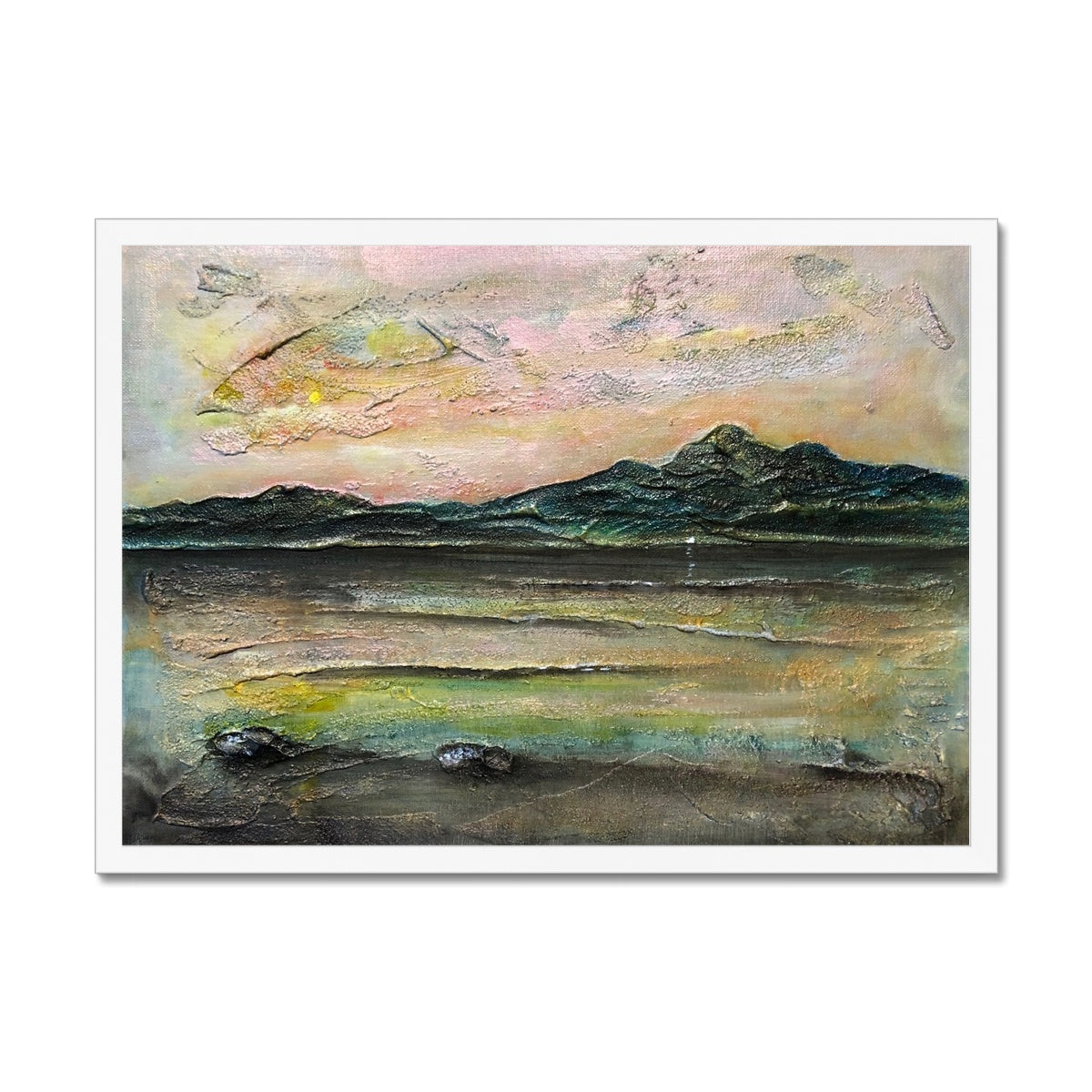 An Ethereal Loch Na Dal Skye Painting | Framed Prints From Scotland-Framed Prints-Scottish Lochs & Mountains Art Gallery-A2 Landscape-White Frame-Paintings, Prints, Homeware, Art Gifts From Scotland By Scottish Artist Kevin Hunter