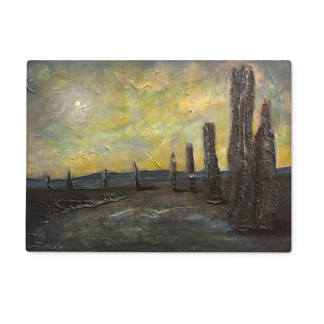 An Ethereal Ring Of Brodgar Art Gifts Glass Chopping Board | Orkney Art Gallery | Paintings, Prints, Homeware and Art Gifts From Scotland By Scottish Artist Kevin Hunter