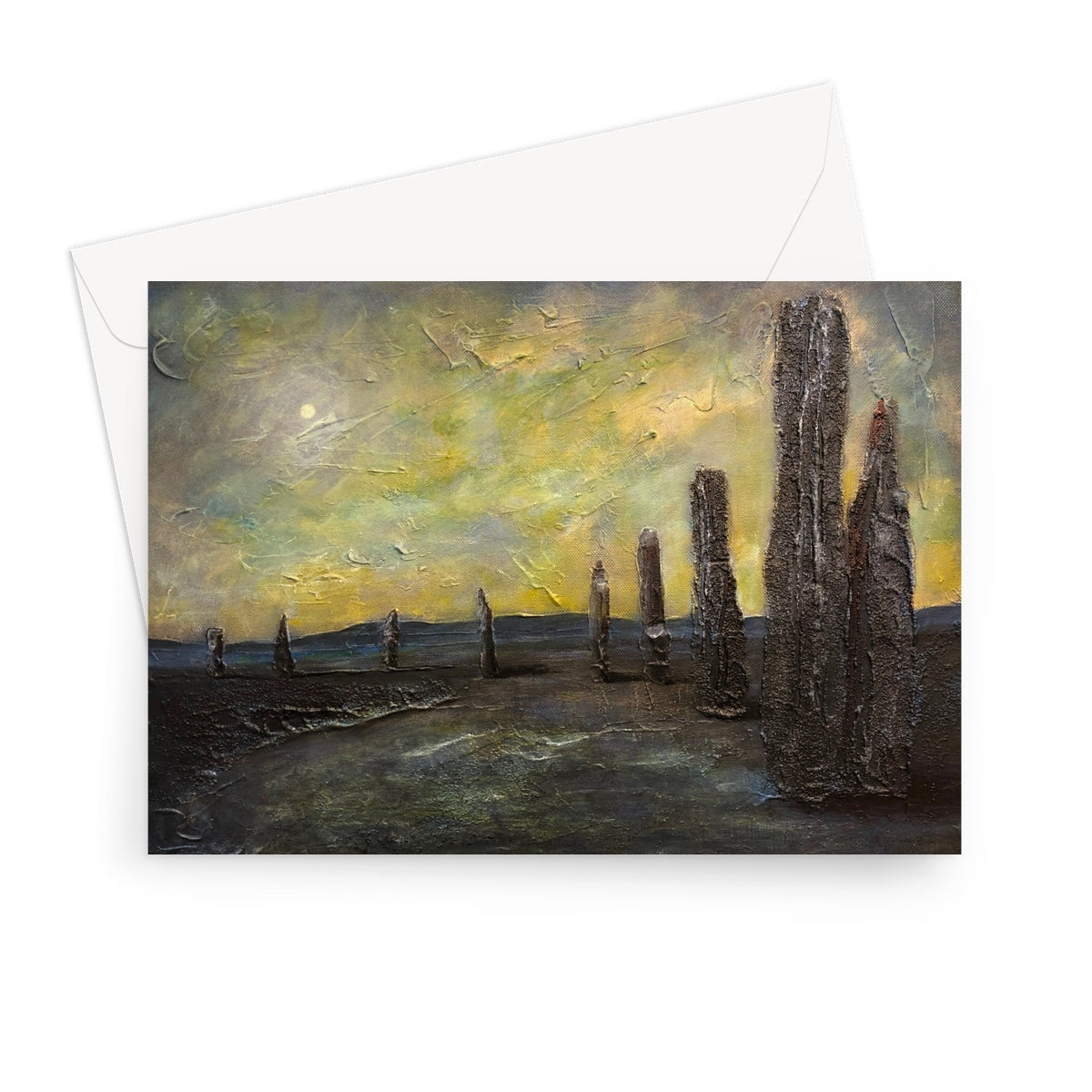 An Ethereal Ring Of Brodgar Art Gifts Greeting Card-Greetings Cards-Orkney Art Gallery-7"x5"-1 Card-Paintings, Prints, Homeware, Art Gifts From Scotland By Scottish Artist Kevin Hunter
