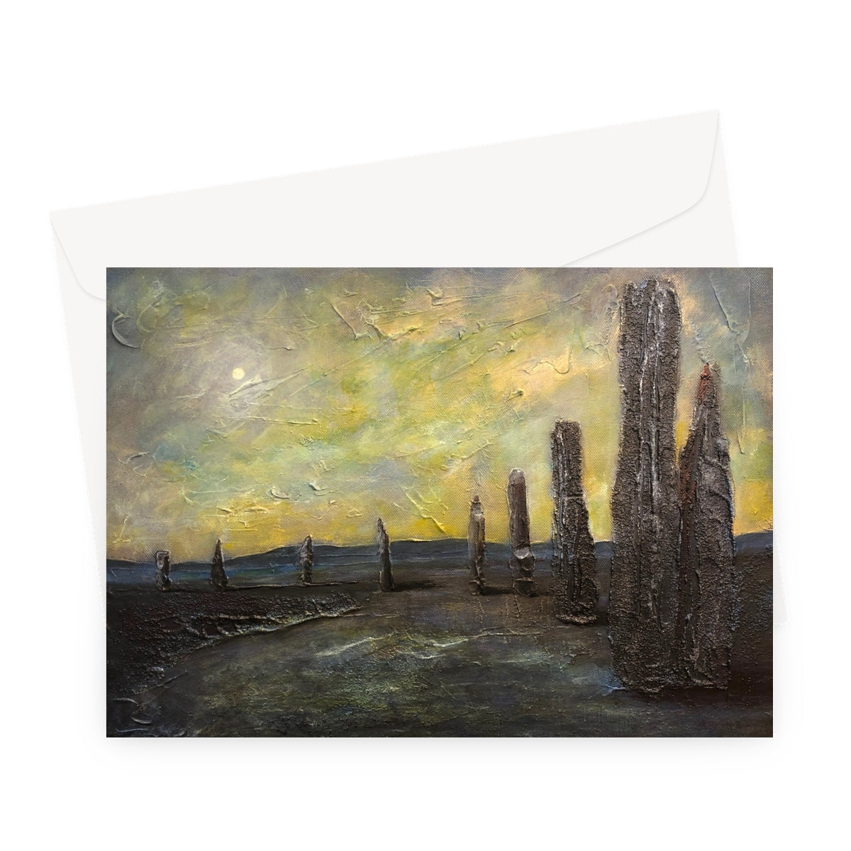 An Ethereal Ring Of Brodgar Art Gifts Greeting Card-Greetings Cards-Orkney Art Gallery-A5 Landscape-10 Cards-Paintings, Prints, Homeware, Art Gifts From Scotland By Scottish Artist Kevin Hunter