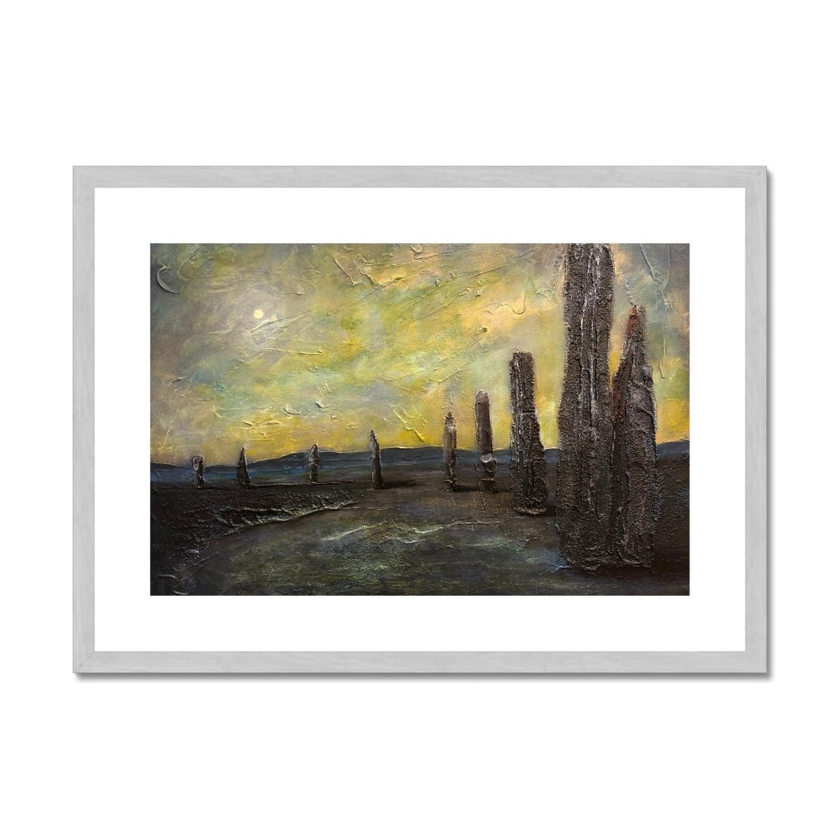 An Ethereal Ring Of Brodgar Orkney Painting | Antique Framed & Mounted Prints From Scotland-Antique Framed & Mounted Prints-Orkney Art Gallery-A2 Landscape-Silver Frame-Paintings, Prints, Homeware, Art Gifts From Scotland By Scottish Artist Kevin Hunter