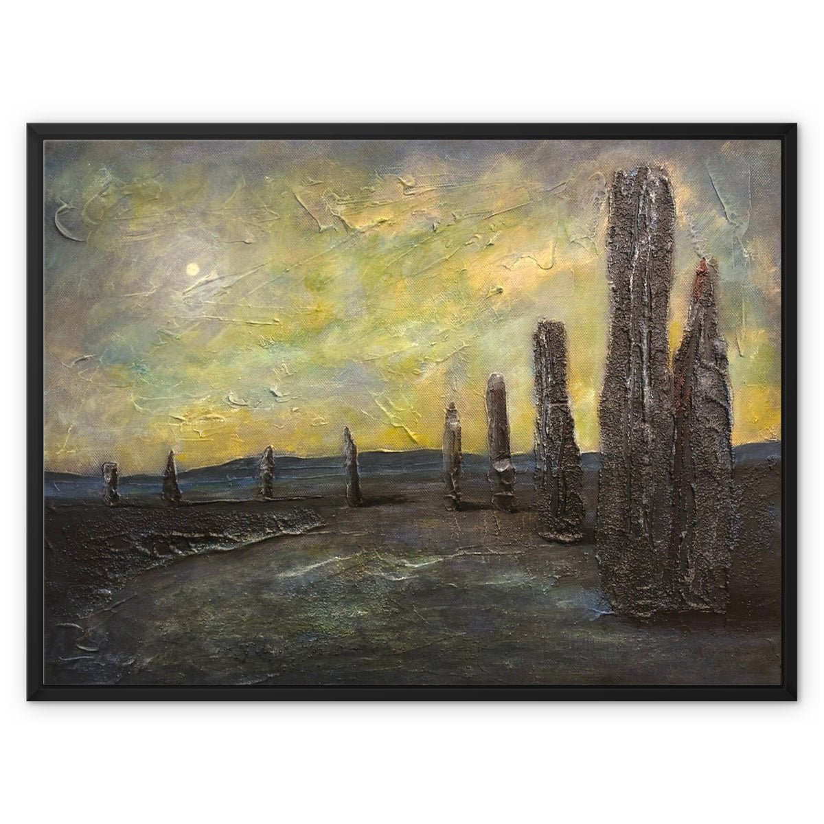 An Ethereal Ring Of Brodgar Orkney Painting | Framed Canvas From Scotland-Floating Framed Canvas Prints-Orkney Art Gallery-32"x24"-Black Frame-Paintings, Prints, Homeware, Art Gifts From Scotland By Scottish Artist Kevin Hunter