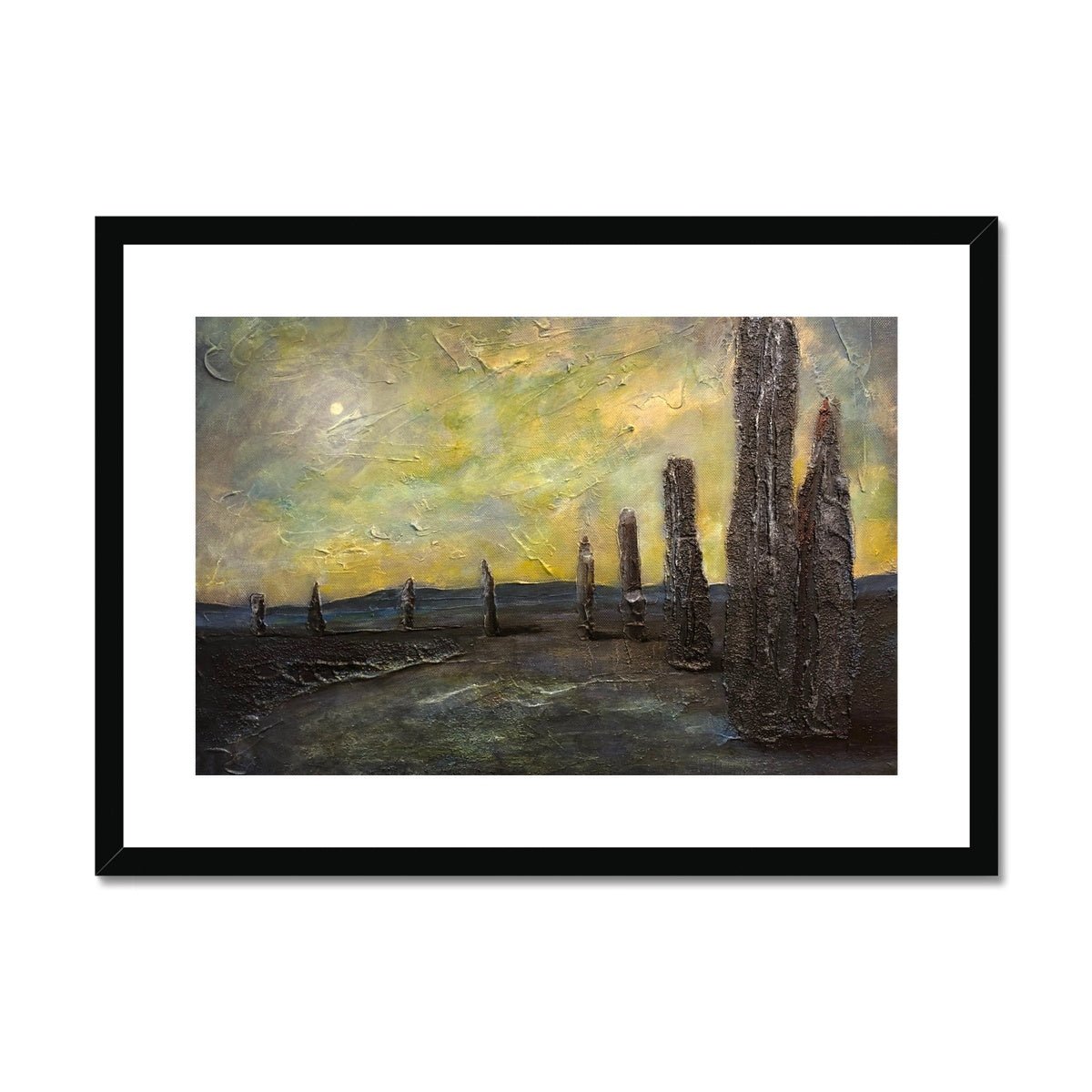An Ethereal Ring Of Brodgar Orkney Painting | Framed & Mounted Prints From Scotland-Framed & Mounted Prints-Orkney Art Gallery-A2 Landscape-Black Frame-Paintings, Prints, Homeware, Art Gifts From Scotland By Scottish Artist Kevin Hunter