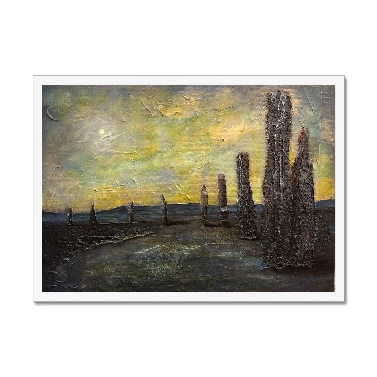 An Ethereal Ring Of Brodgar Orkney Painting | Framed Prints From Scotland-Framed Prints-Orkney Art Gallery-A2 Landscape-White Frame-Paintings, Prints, Homeware, Art Gifts From Scotland By Scottish Artist Kevin Hunter