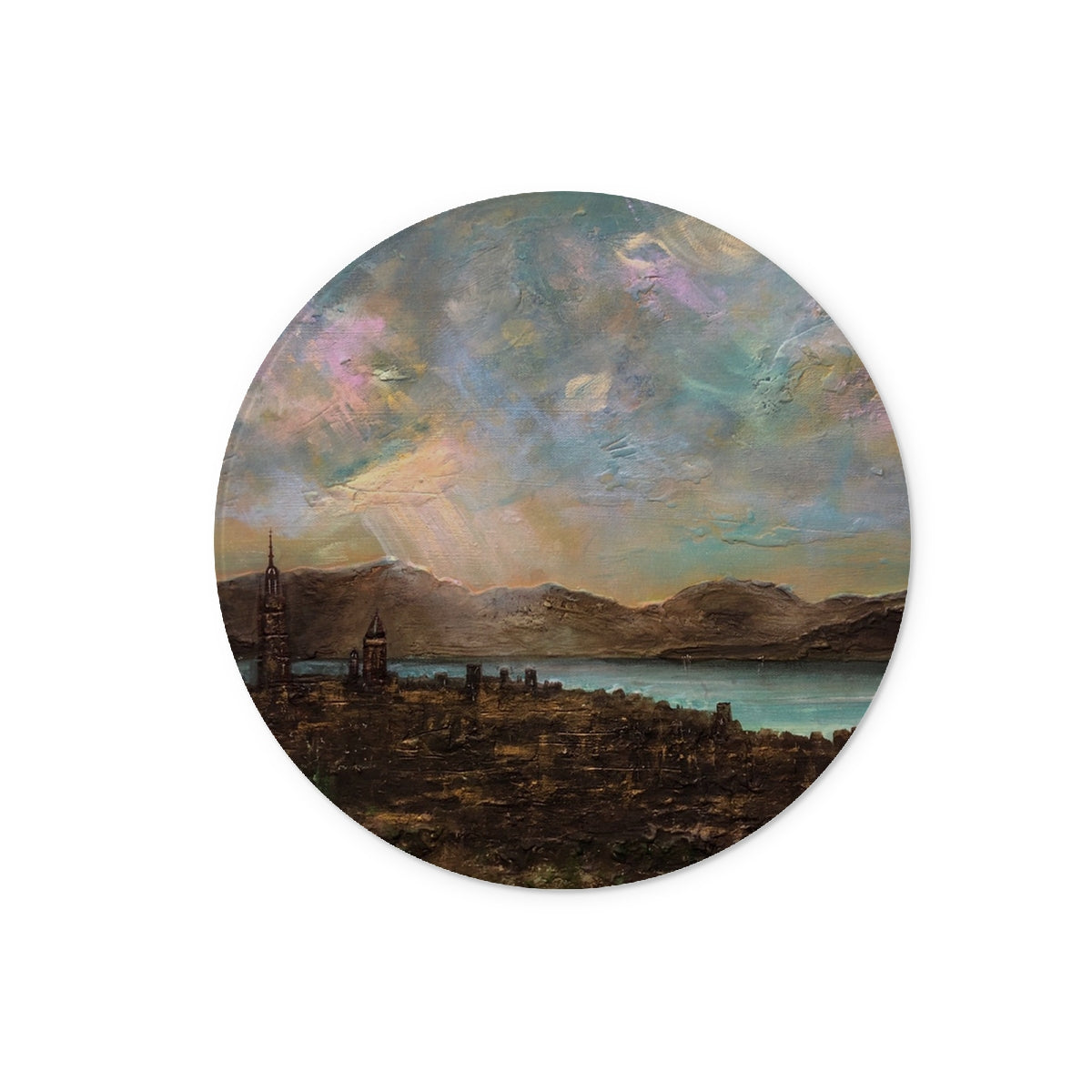 Angels Fingers Over Greenock Art Gifts Glass Chopping Board-Glass Chopping Boards-River Clyde Art Gallery-12" Round-Paintings, Prints, Homeware, Art Gifts From Scotland By Scottish Artist Kevin Hunter