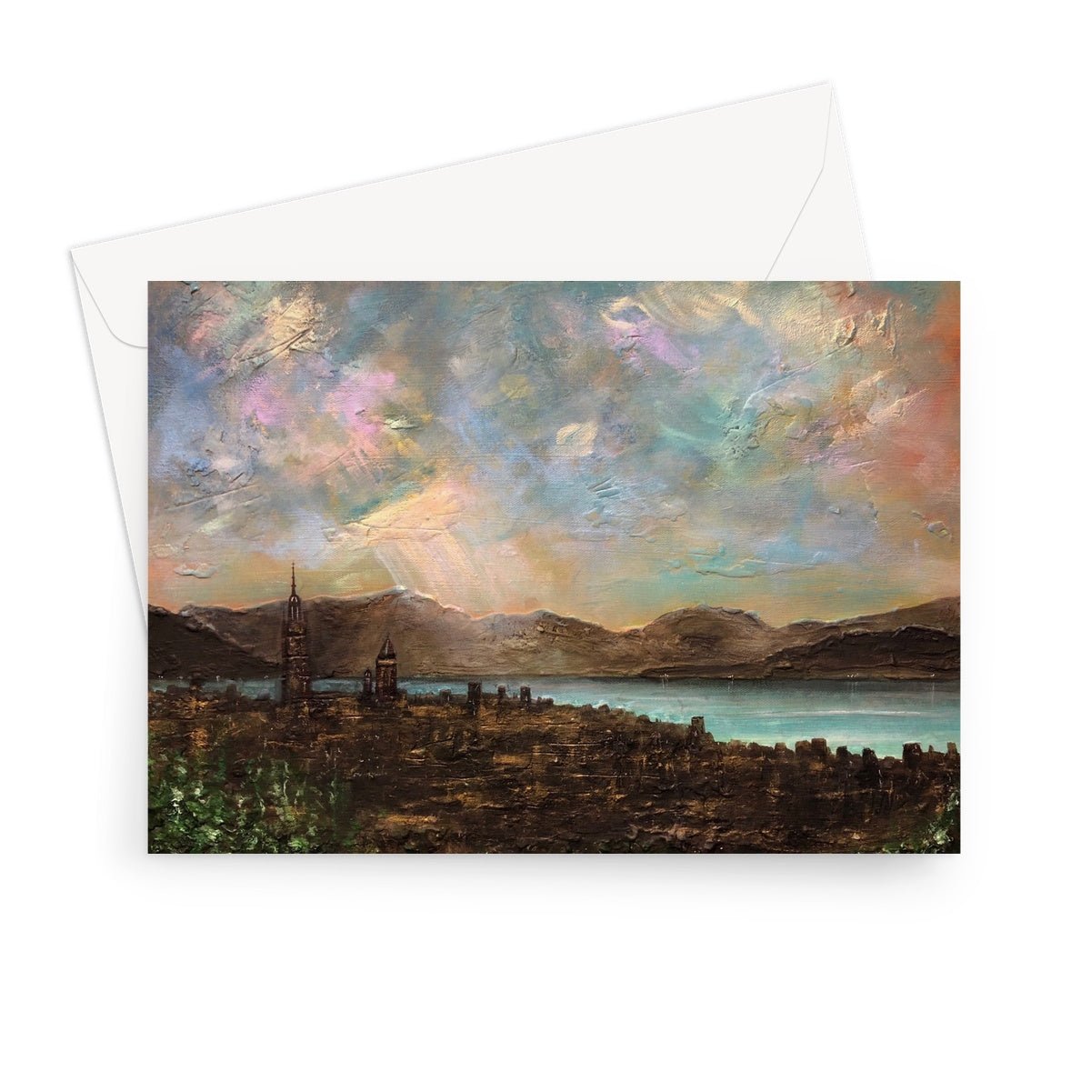 Angels Fingers Over Greenock Art Gifts Greeting Card-Greetings Cards-River Clyde Art Gallery-7"x5"-10 Cards-Paintings, Prints, Homeware, Art Gifts From Scotland By Scottish Artist Kevin Hunter