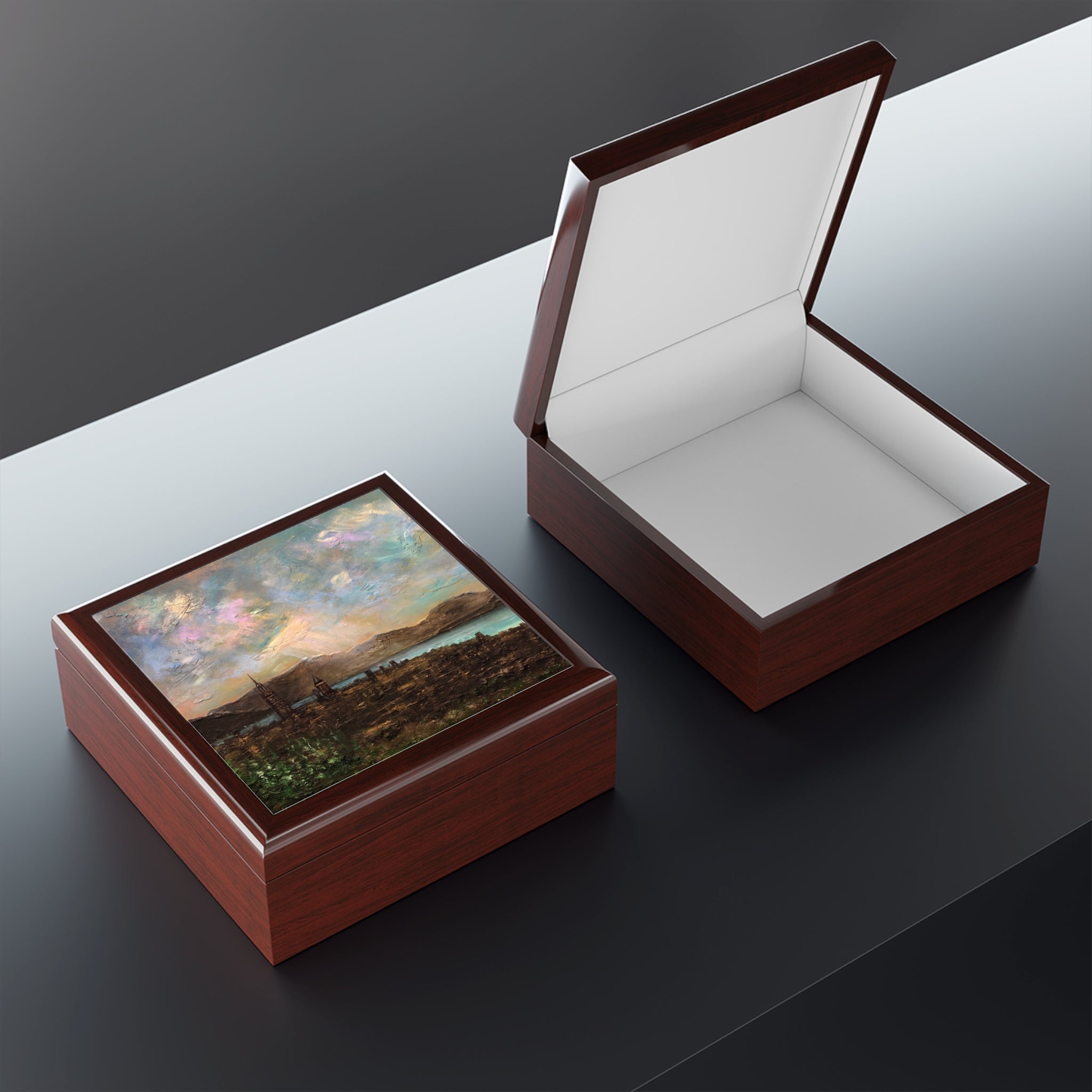 Wooden keepsake boxes with scenic landscape painting lids from Angels Fingers Over Greenock Scotland