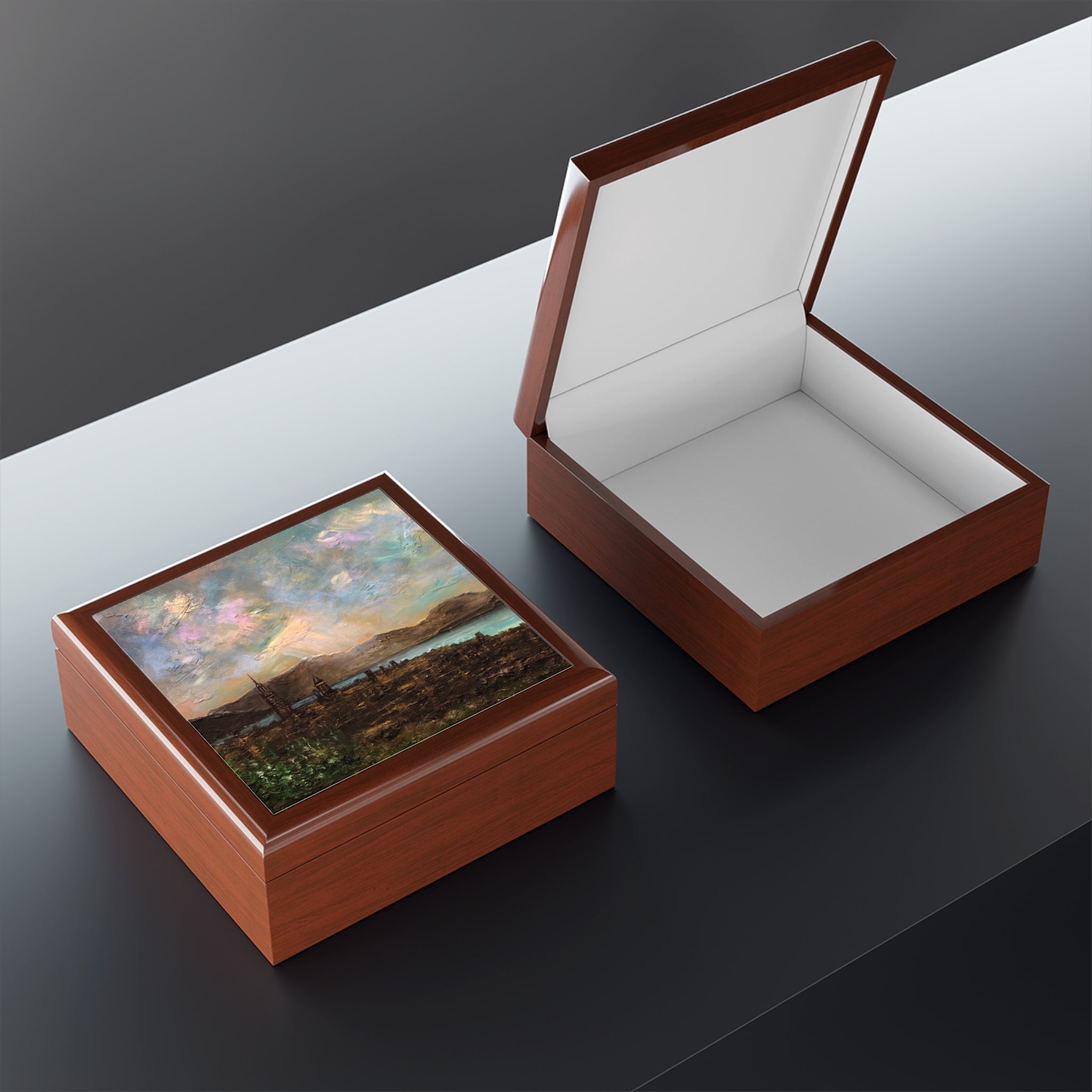 Brown wooden keepsake boxes with landscape art and white interior in Scotland