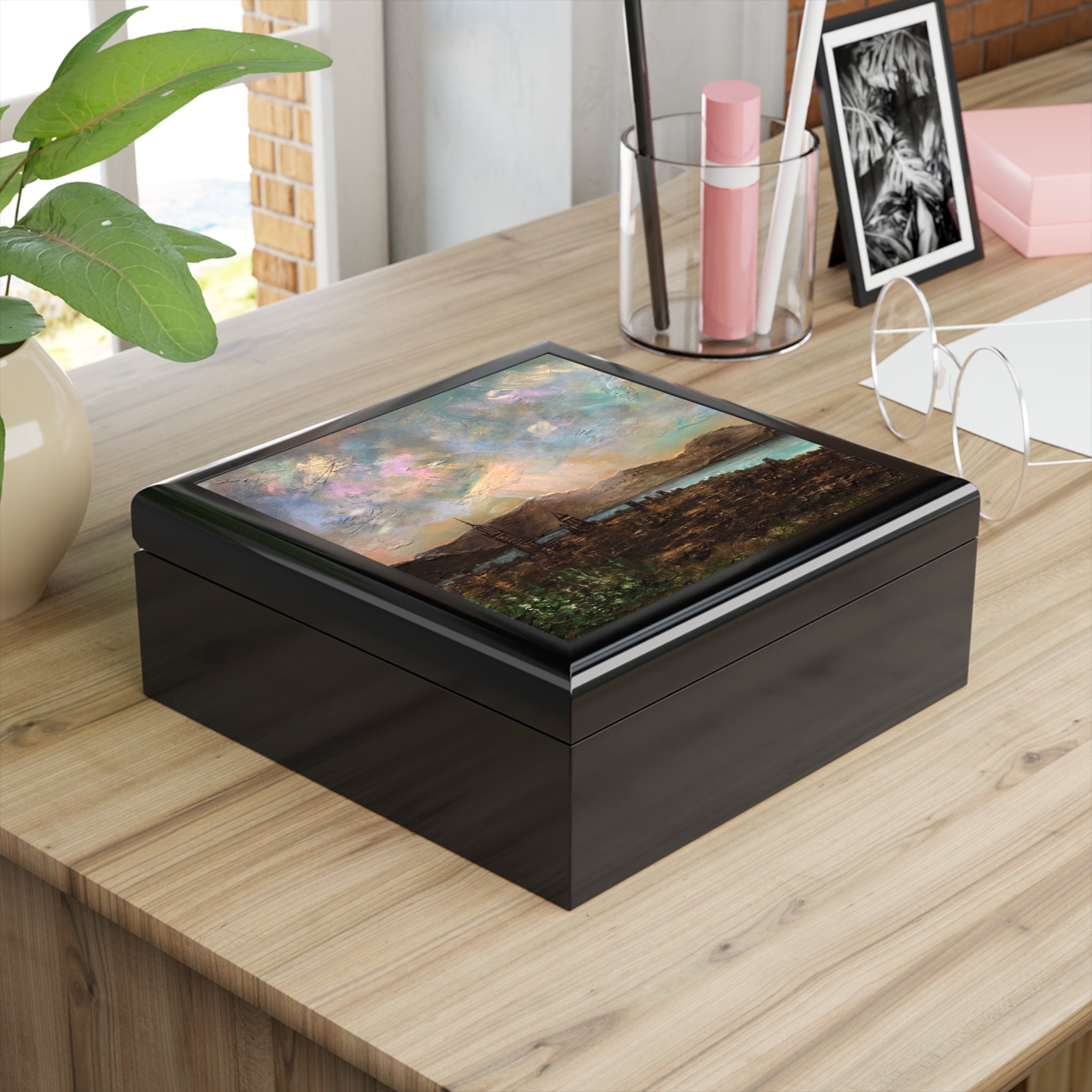 Rectangular wooden jewelry box with landscape painting lid from Angels Fingers Over Greenock