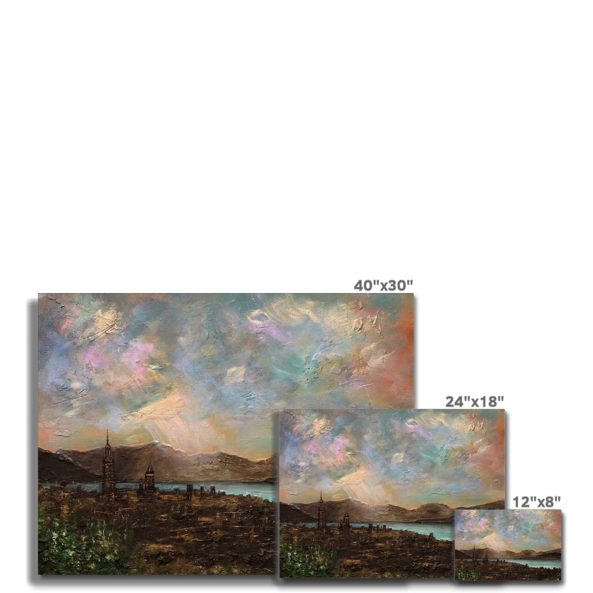 Set of three landscape paintings of mountains, water, and structures under a colorful sky