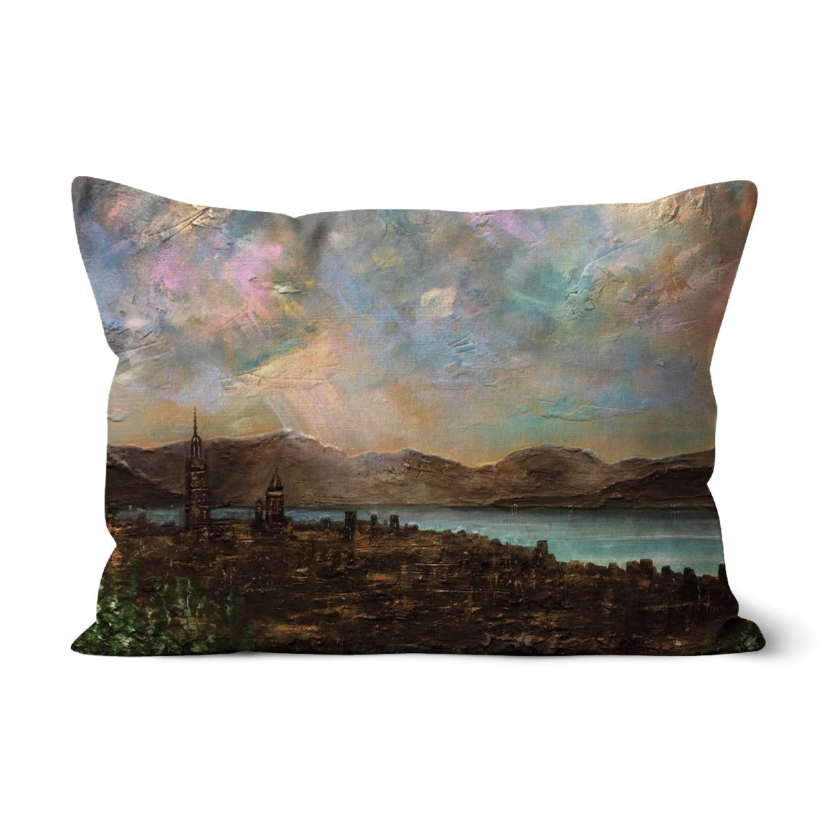 Rectangular decorative throw pillow featuring impressionistic landscape painting for Angels Fingers Over Greenock Cushion