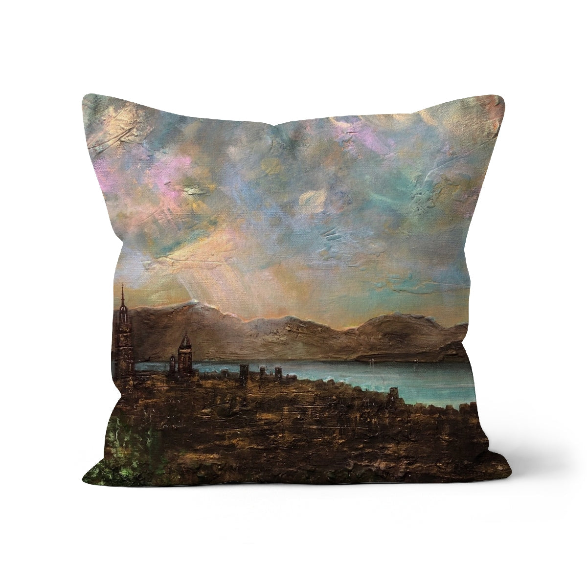 Angels Fingers Over Greenock Cushion with impressionistic landscape throw pillow