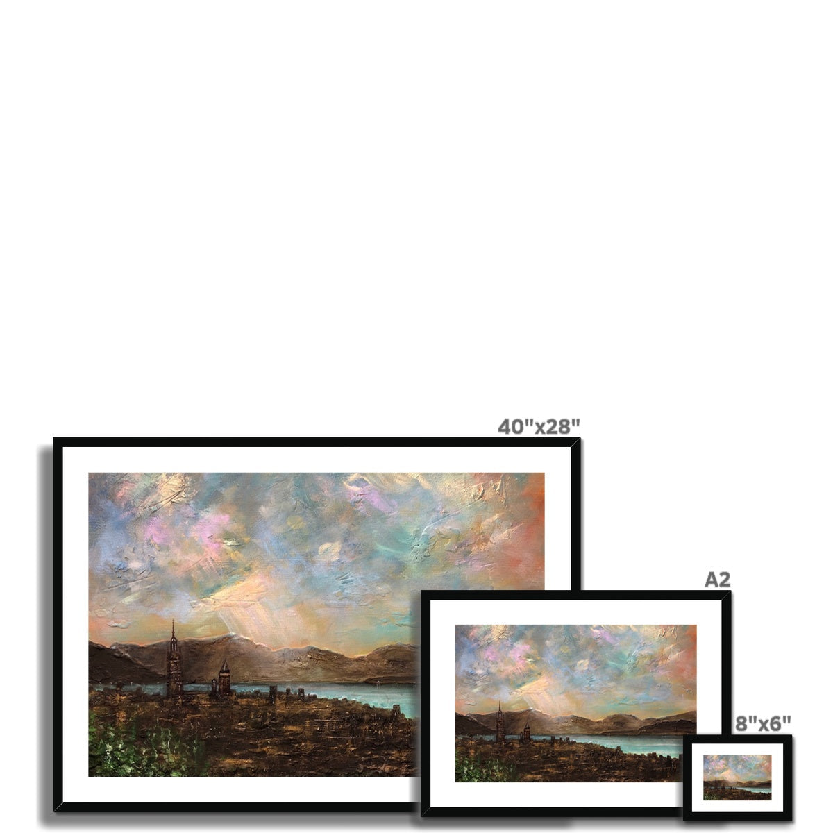 Three framed landscape paintings of varying sizes displayed in Angels Fingers Over Greenock print