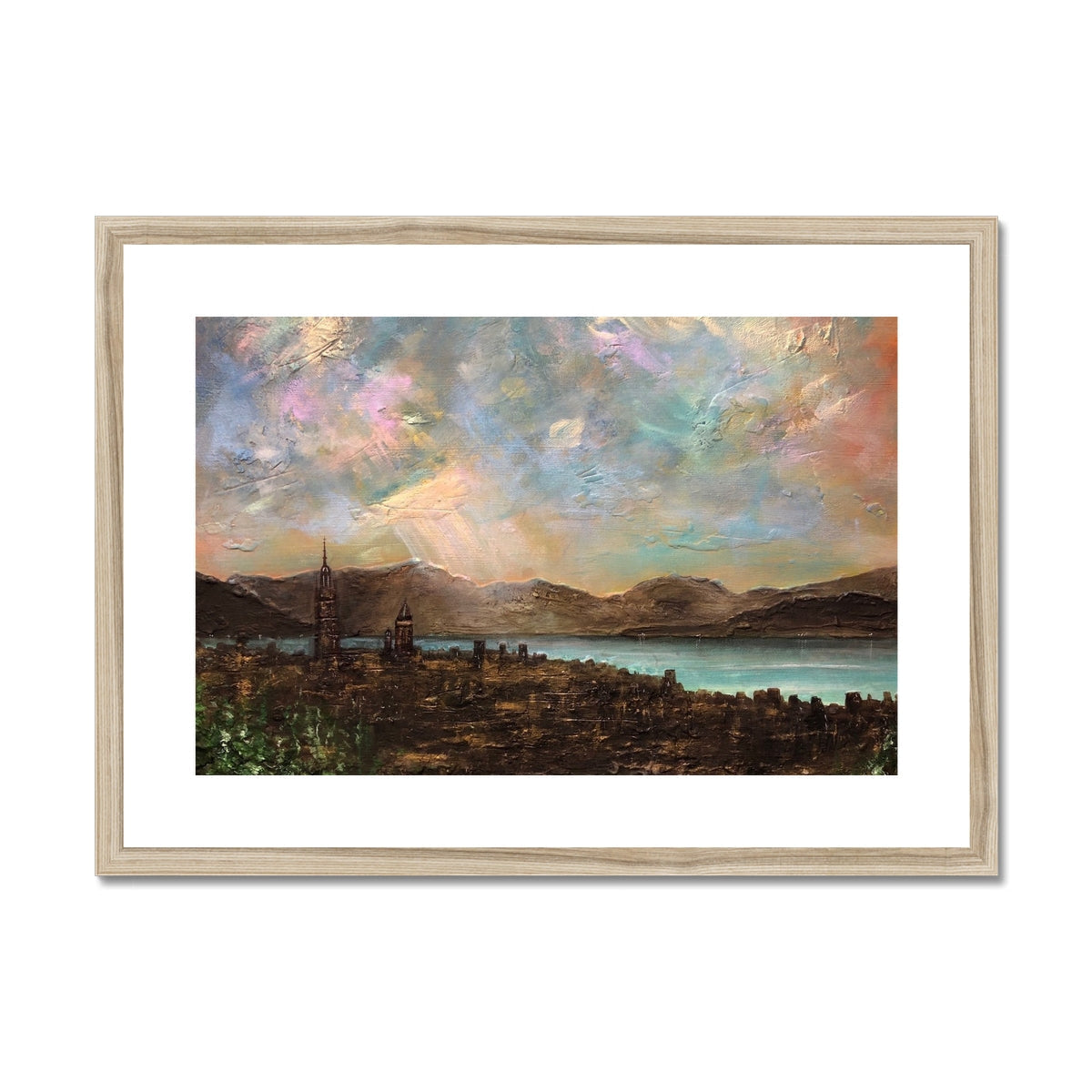 Framed landscape painting with vibrant textured sky over Greenock city and water in Angels Fingers print
