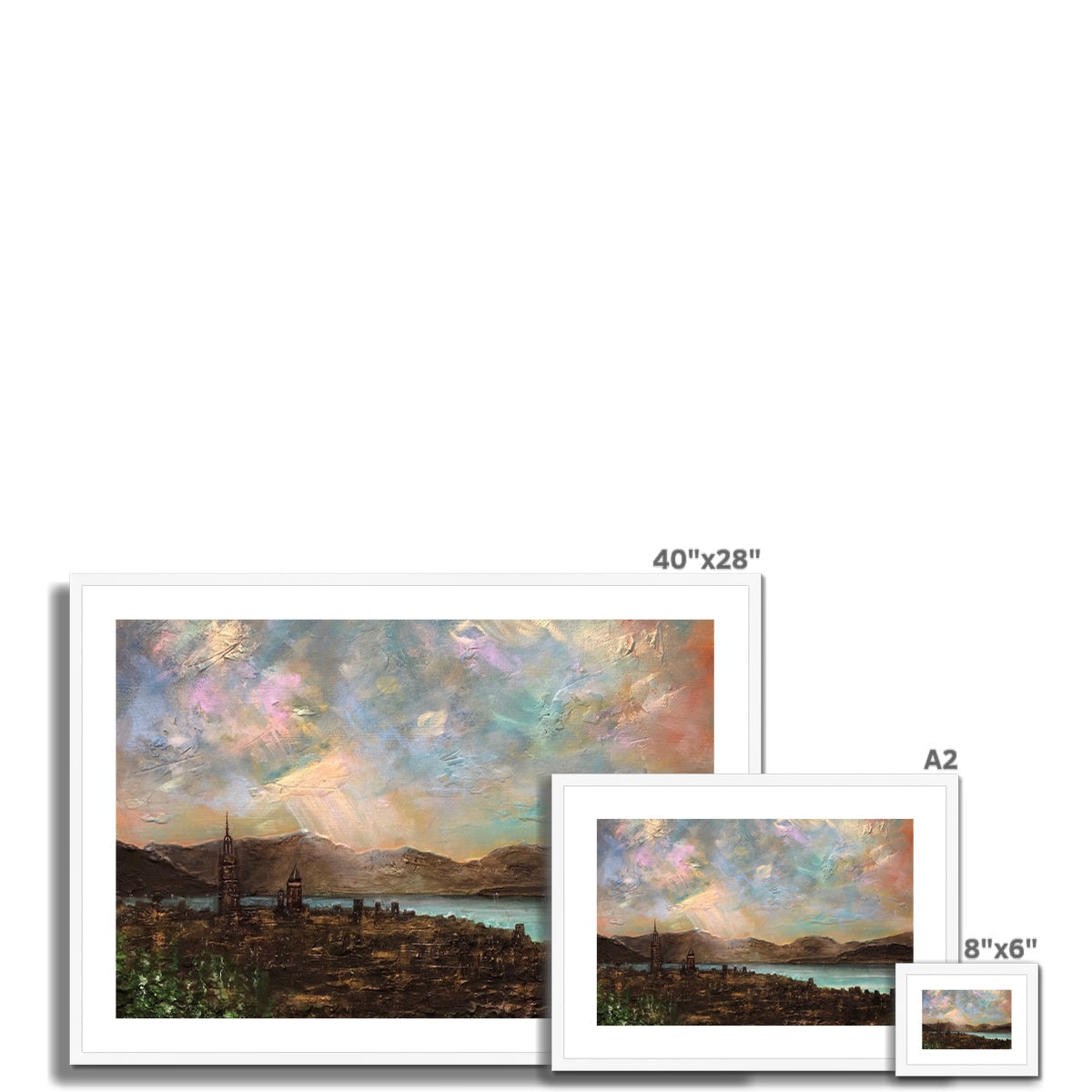 Set of three framed landscape paintings displayed with Angels Fingers Over Greenock print