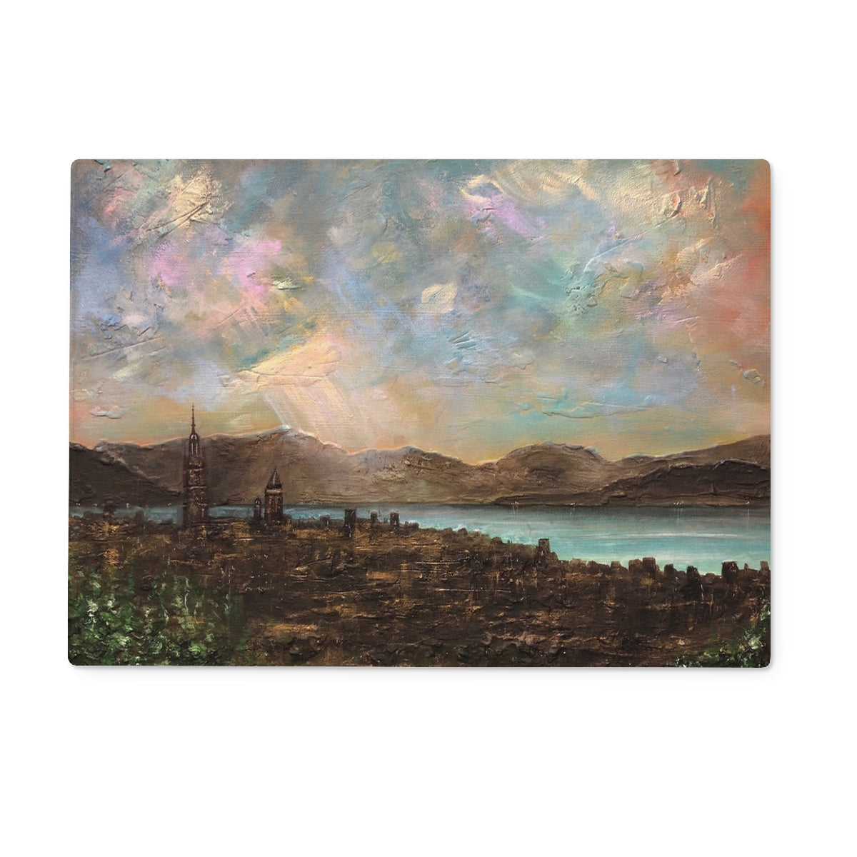 Expressive oil painting of Greenock cityscape with architecture and water under colorful sky