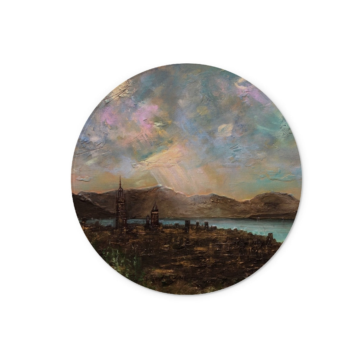 Circular painting of a fantastical city by water with mountains under a dramatic sky