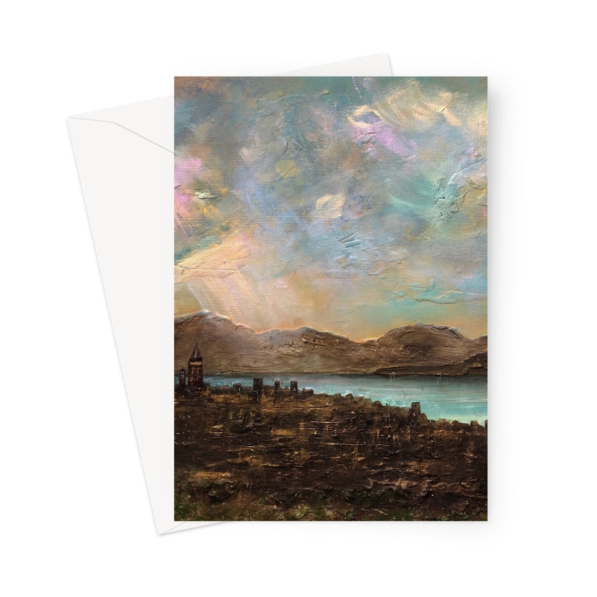 Artistic greeting card featuring an impressionistic landscape painting titled Angels Fingers Over Greenock