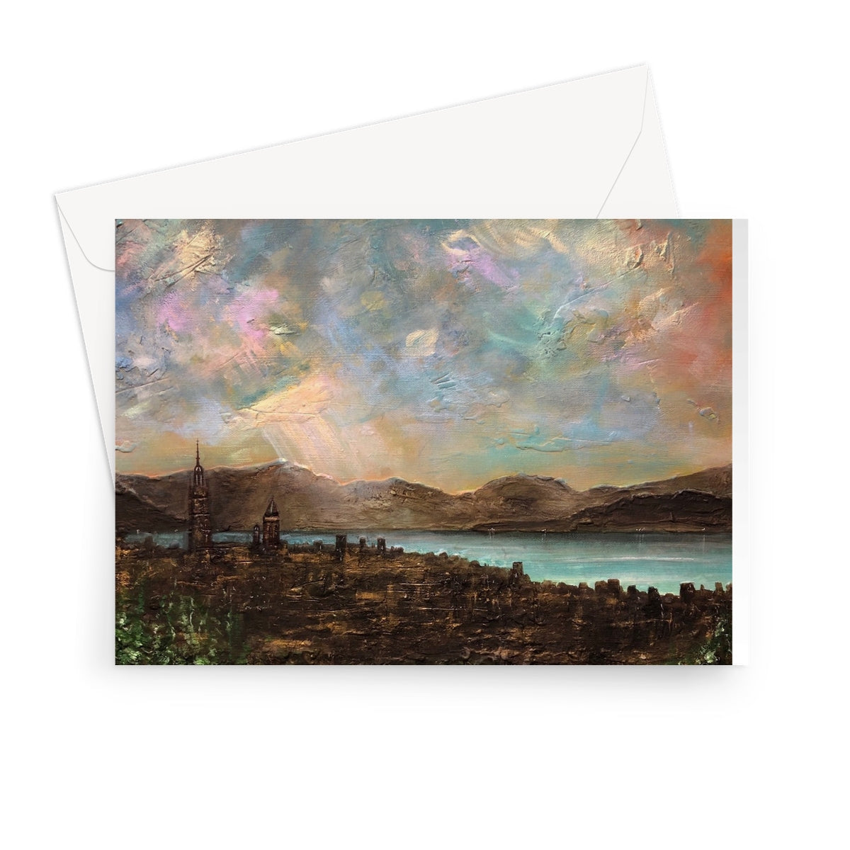 Angels Fingers Over Greenock greeting card with impressionistic cityscape, tower, mountains, and water