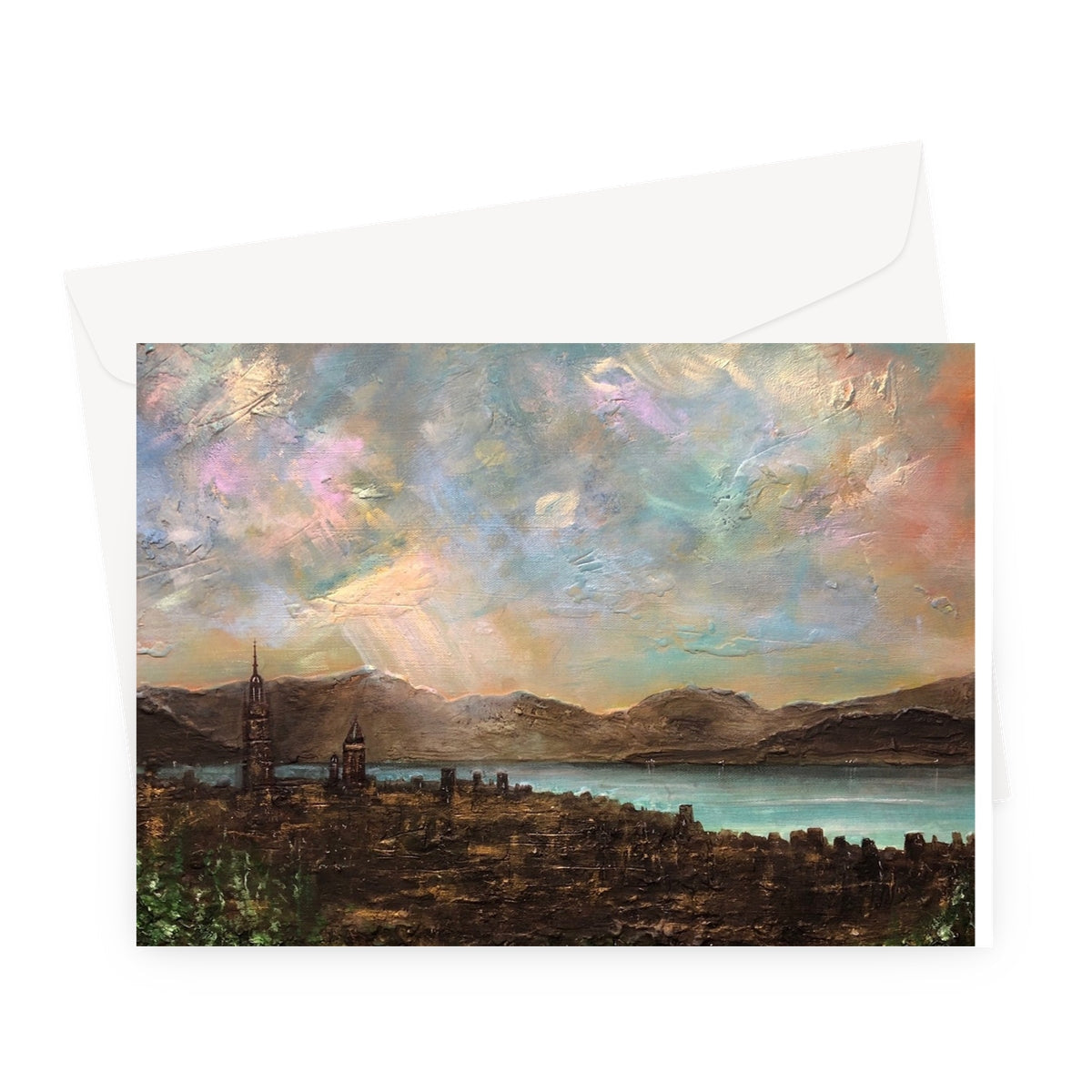 Abstract landscape painting on a greeting card for Angels Fingers Over Greenock product