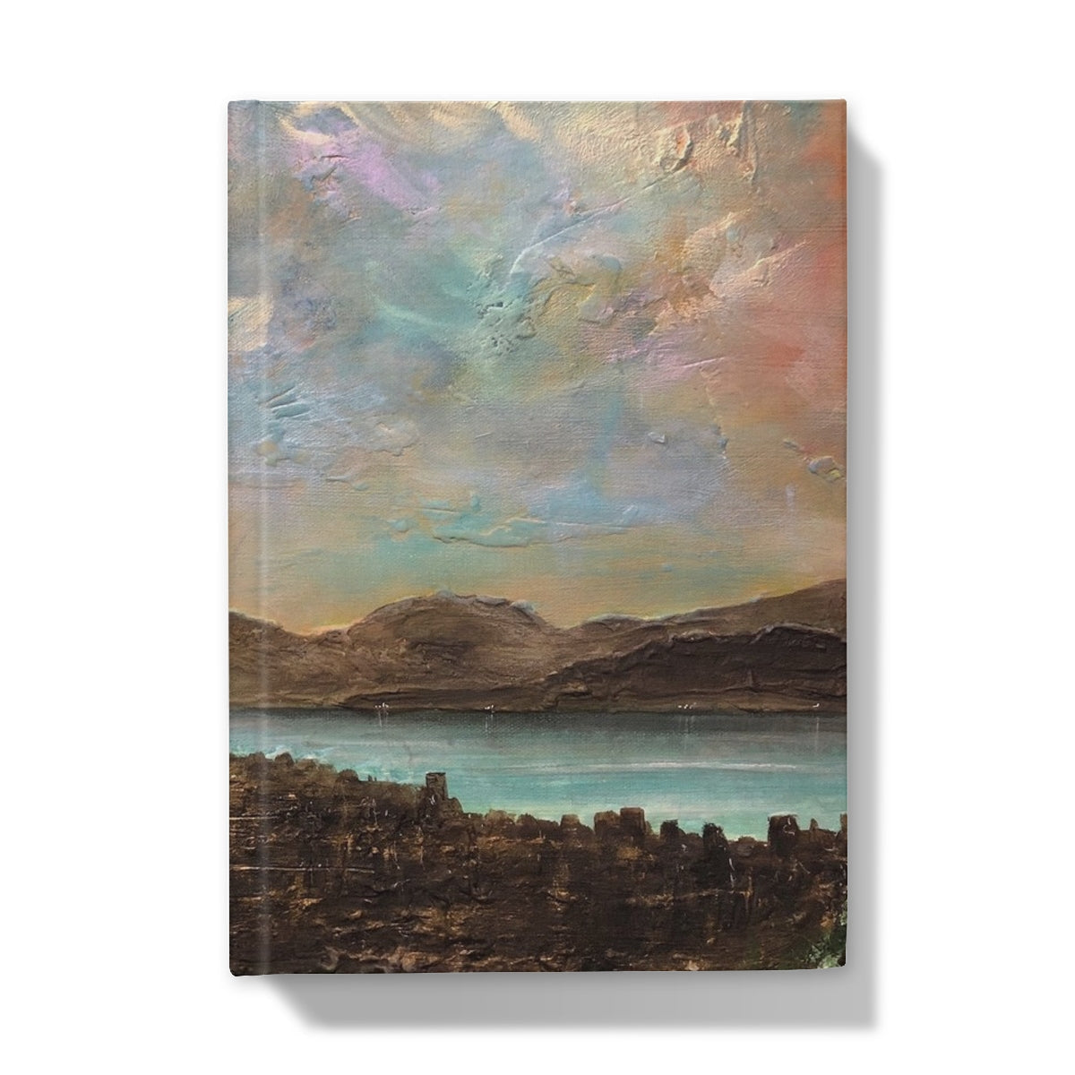 Textured landscape painting on canvas featured on Angels Fingers Over Greenock Hardback Journal