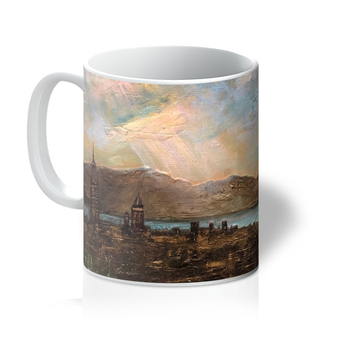 White ceramic Angels Fingers Over Greenock Mug with impressionistic city, water, and mountain scene