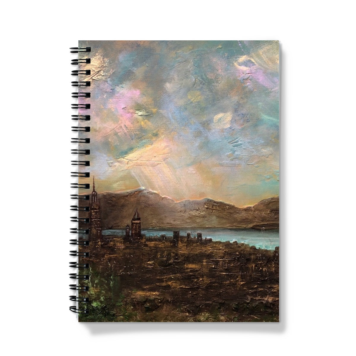 Spiral-bound Angels Fingers Over Greenock Notebook with painted landscape of water, mountains, and cityscape under vibrant sky