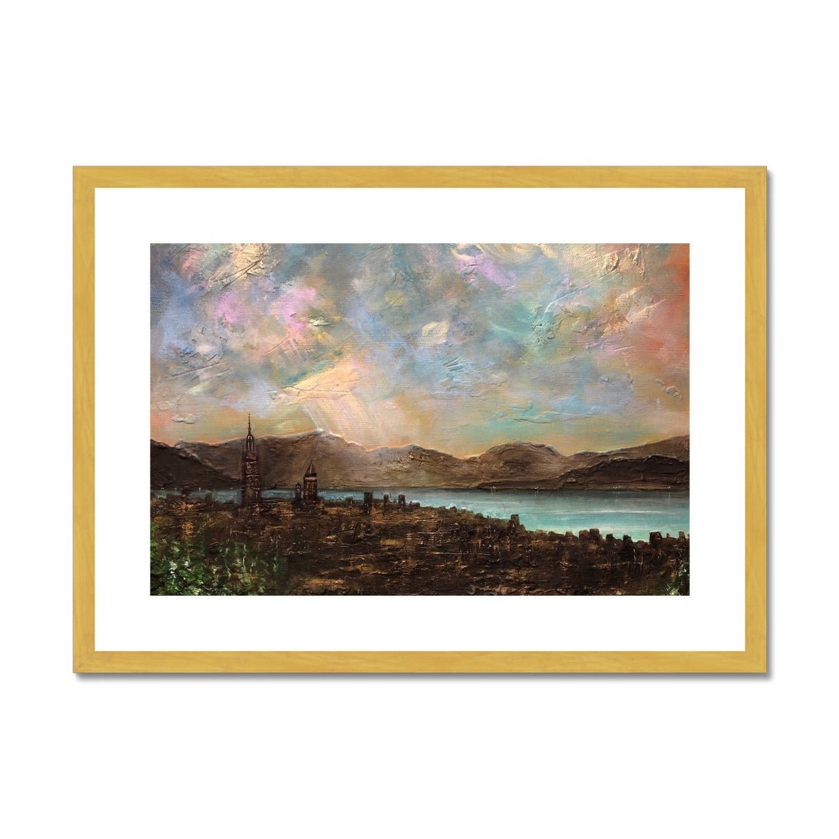 Angels Fingers Over Greenock Painting | Antique Framed & Mounted Prints From Scotland-Antique Framed & Mounted Prints-River Clyde Art Gallery-A2 Landscape-Gold Frame-Paintings, Prints, Homeware, Art Gifts From Scotland By Scottish Artist Kevin Hunter