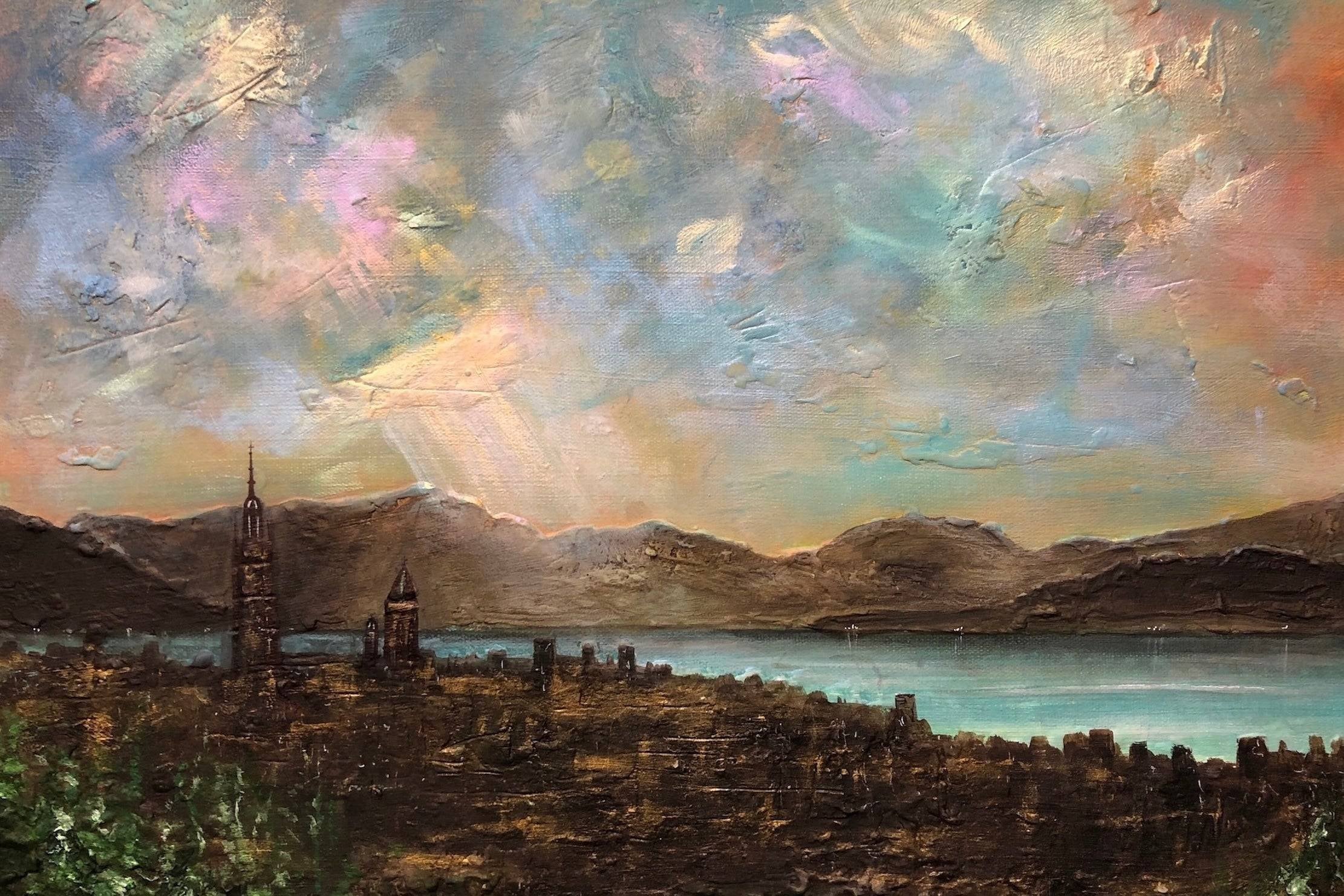 Textured oil painting of Greenock cityscape by water with mountains and dramatic sky
