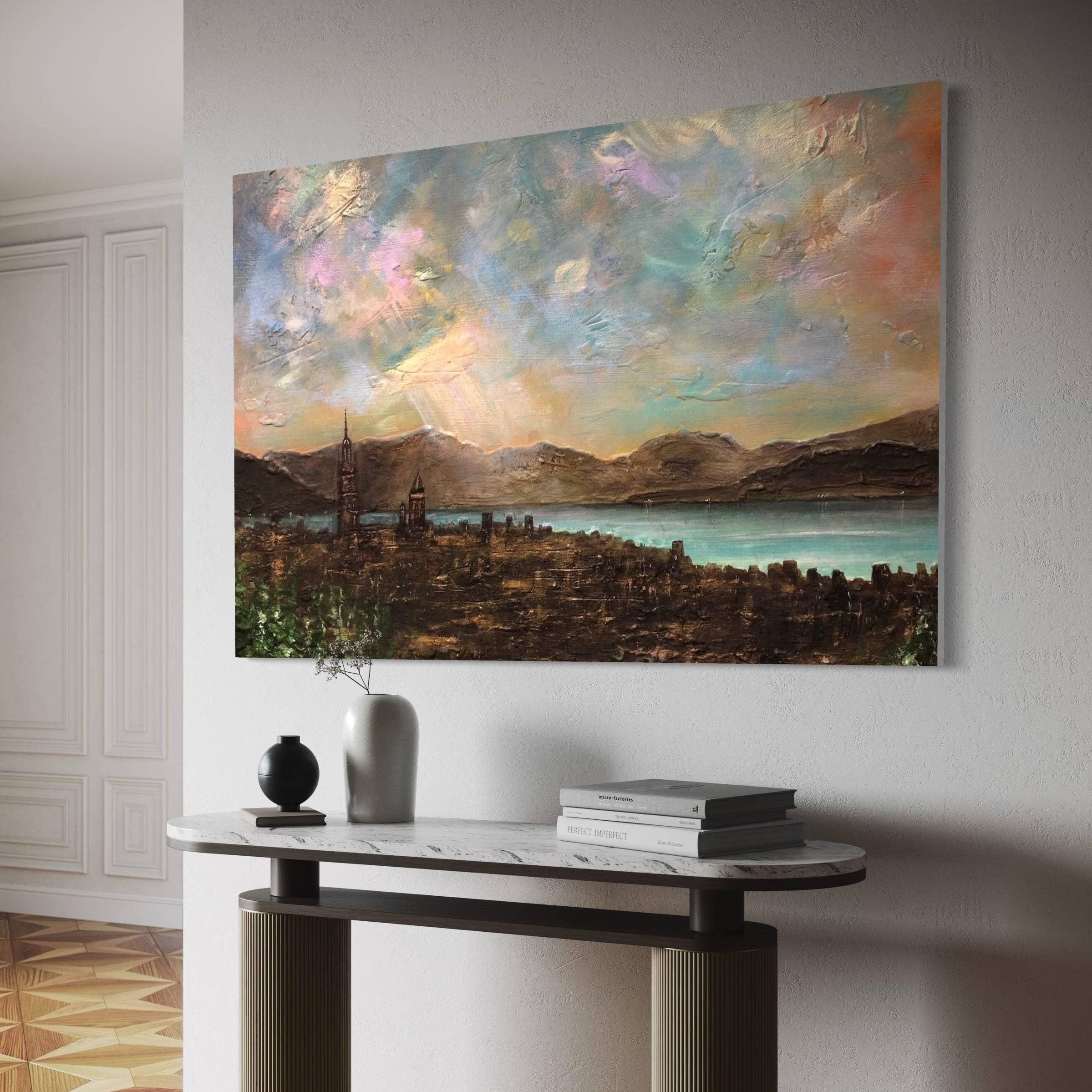 Impressionistic oil painting of Greenock city skyline by a lake with mountains and colorful sky