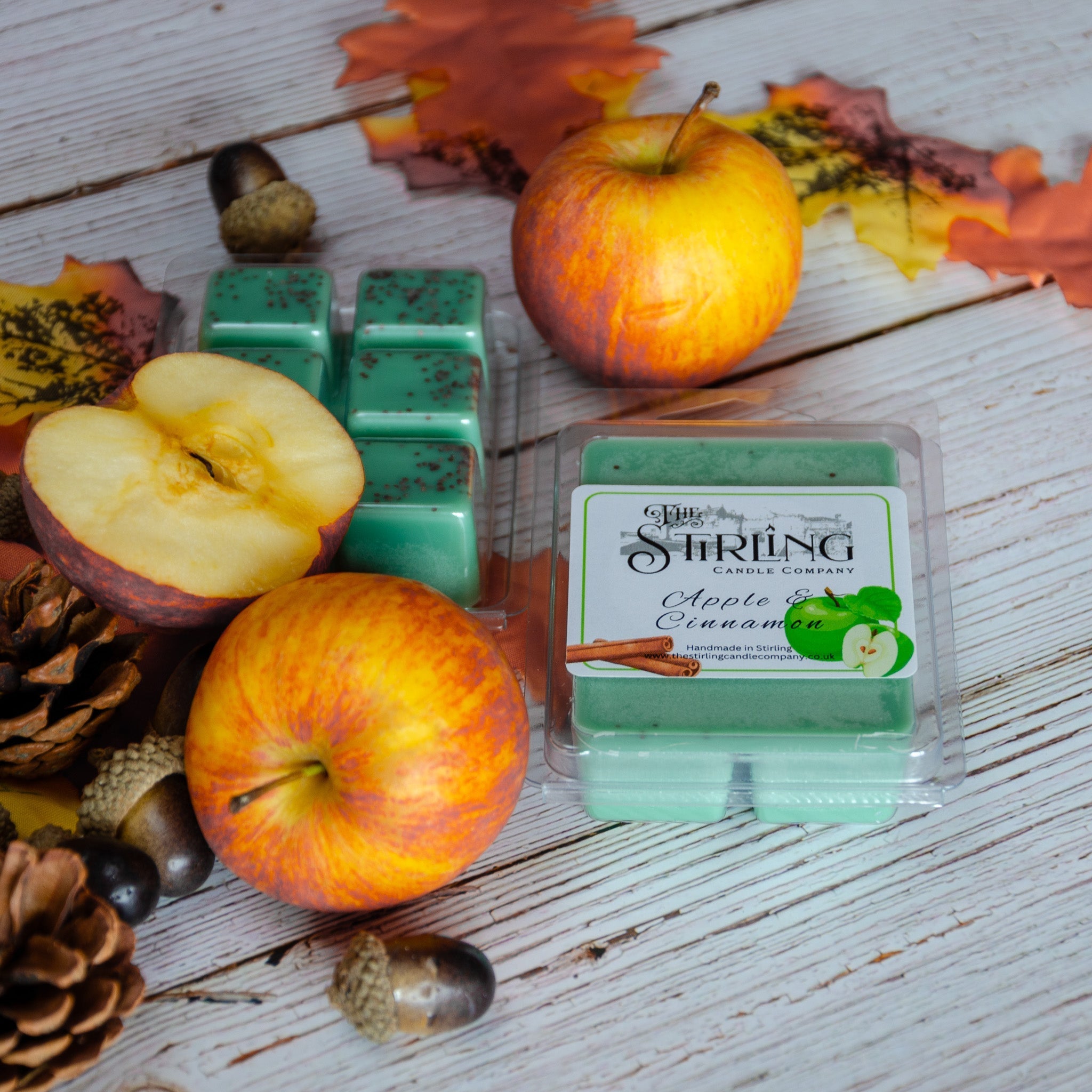 Green apple-scented wax melts in Apple & Cinnamon clamshell by Stirling Candle Company