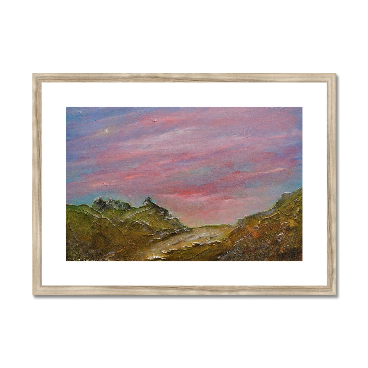 Wooden-framed Approaching The Cobbler art print of pink-purple mountain landscape
