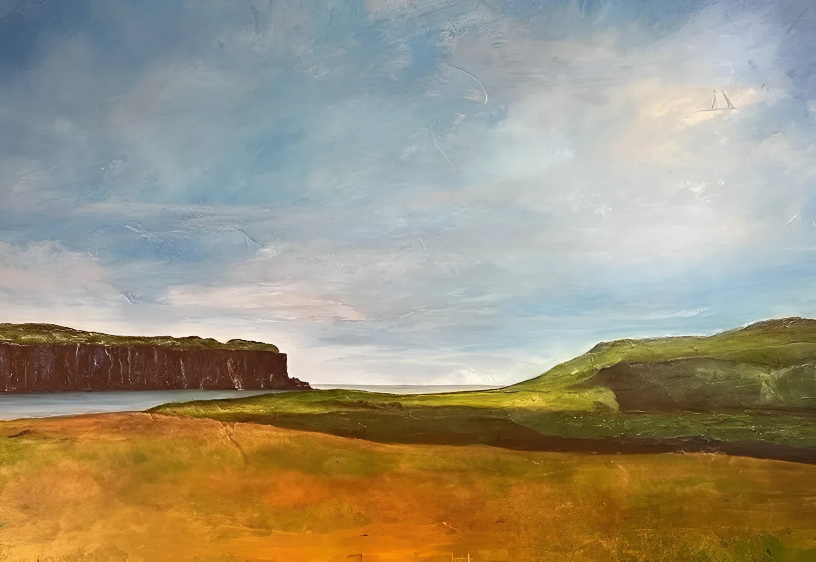 Oil painting of a coastal landscape featured in Approaching Oronsay Original Painting