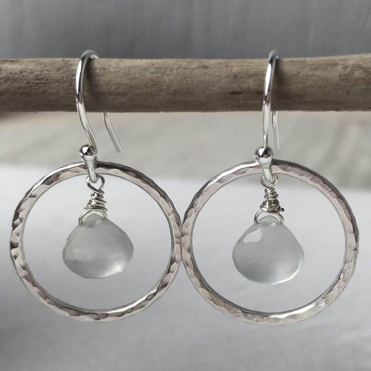 Silver hammered hoop earrings with aqua chalcedony teardrop stones by Lindsay Mcdowall Jewellery