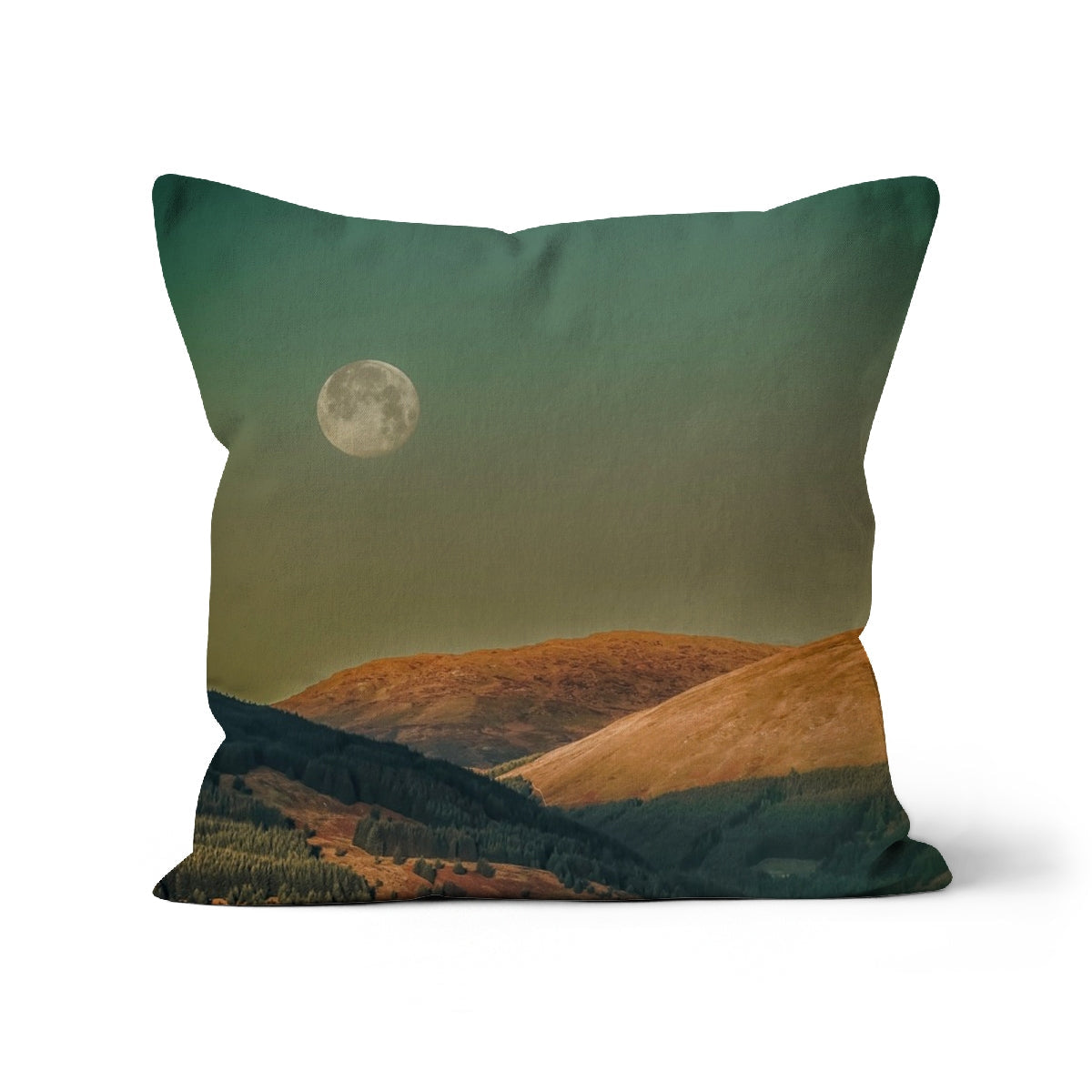 Argyll Moon Cushion: green polyester with mountain and moon design