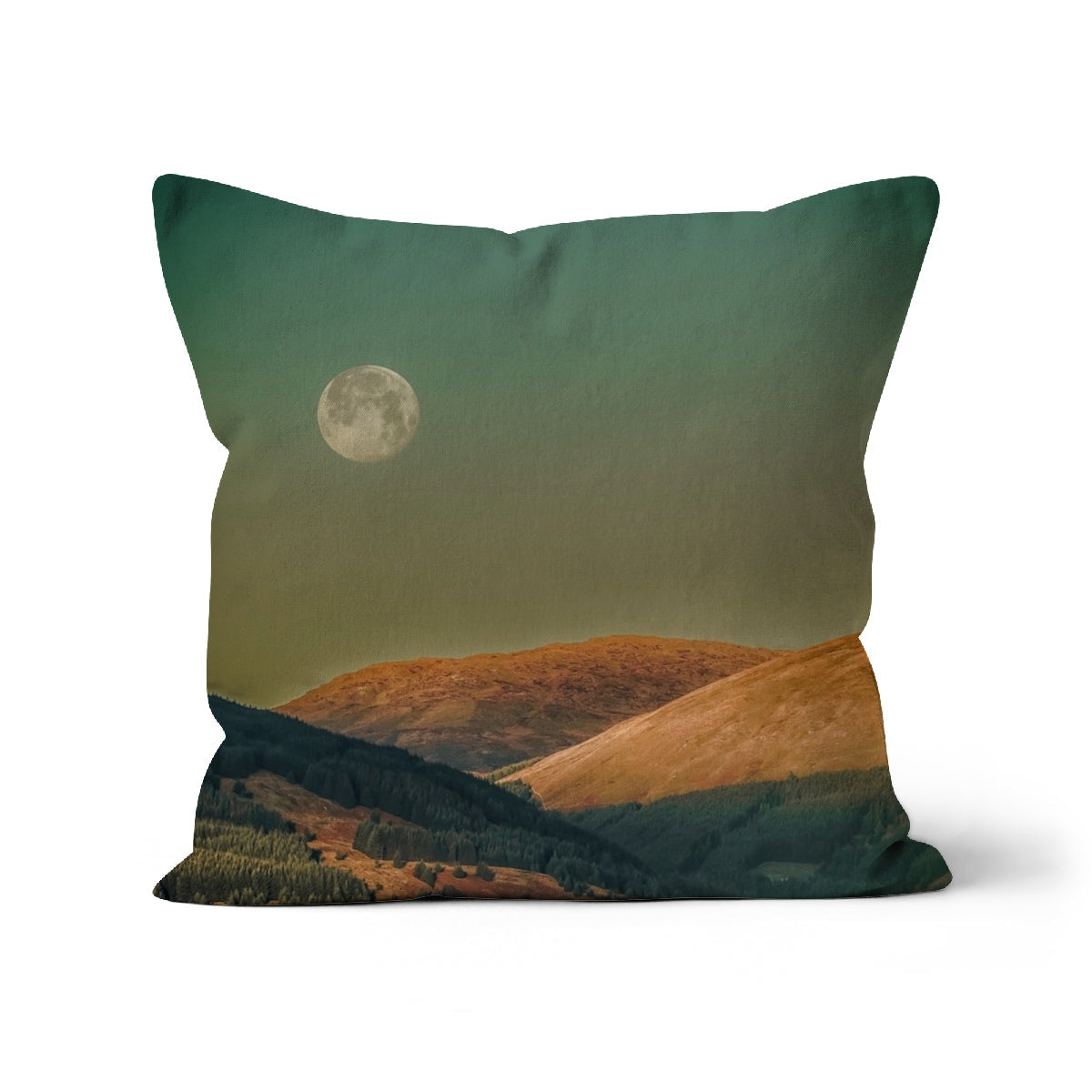 Argyll Moon Cushion: green textured fabric with mountain and full moon design