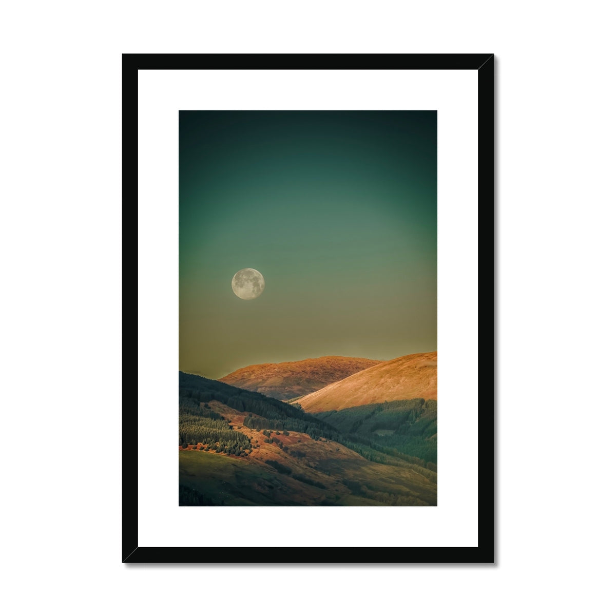 Argyll Moon black framed print: full moon over rolling hills, green sky