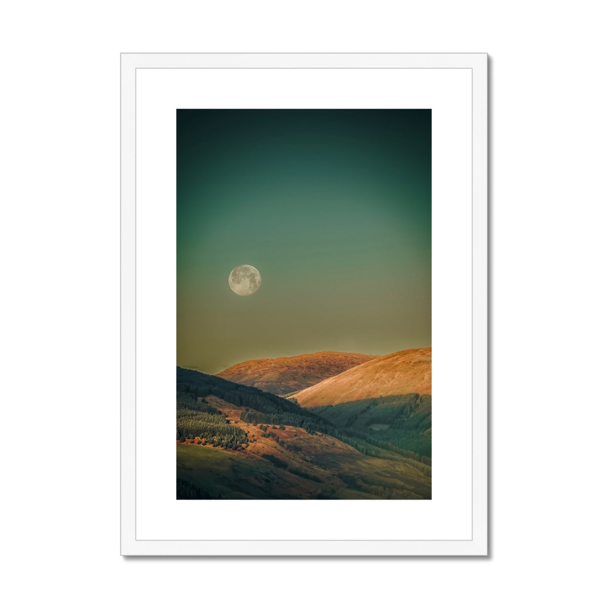 Argyll Moon white-framed print of full moon over rolling hills and green sky