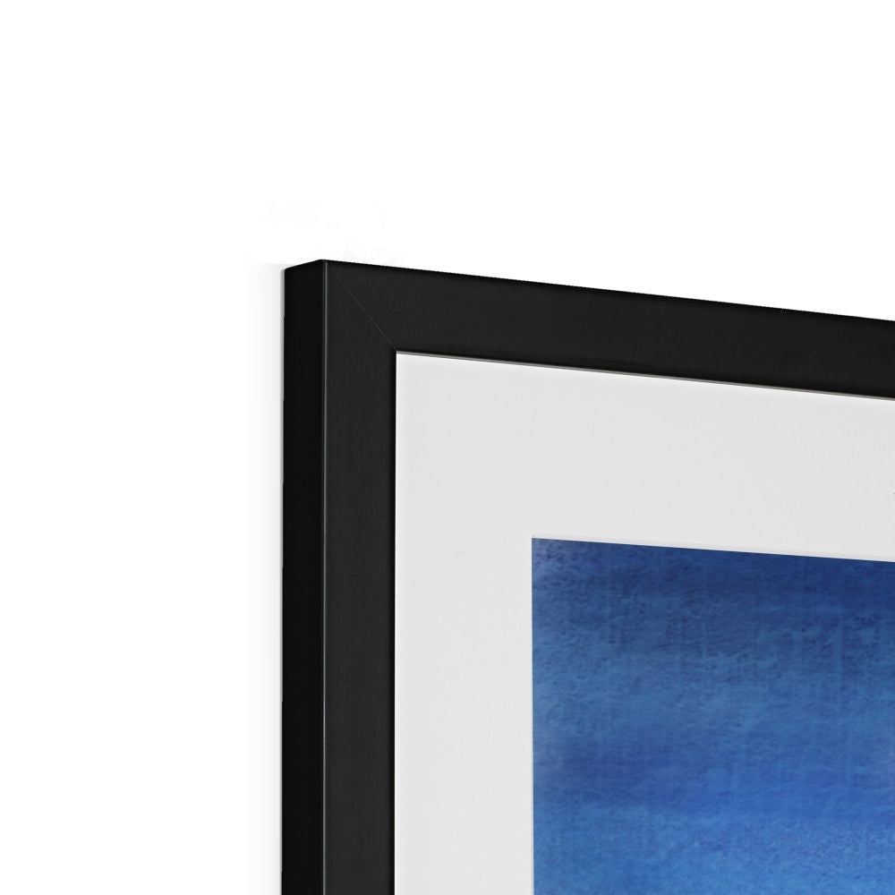 Black matte frame with white mat and abstract blue Arran & Ailsa Craig artwork