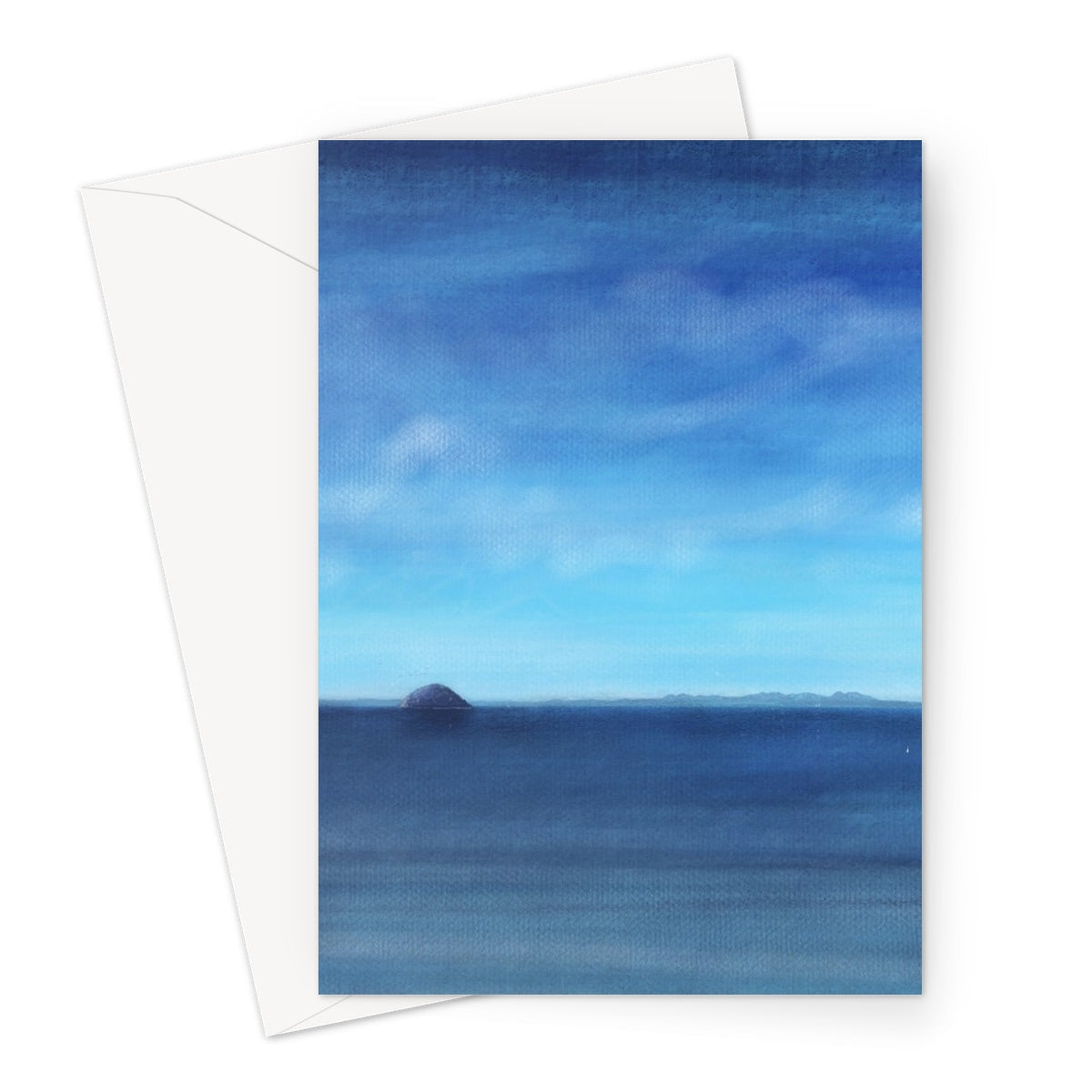 Blue ocean view greeting card with rock formation and sky gradient