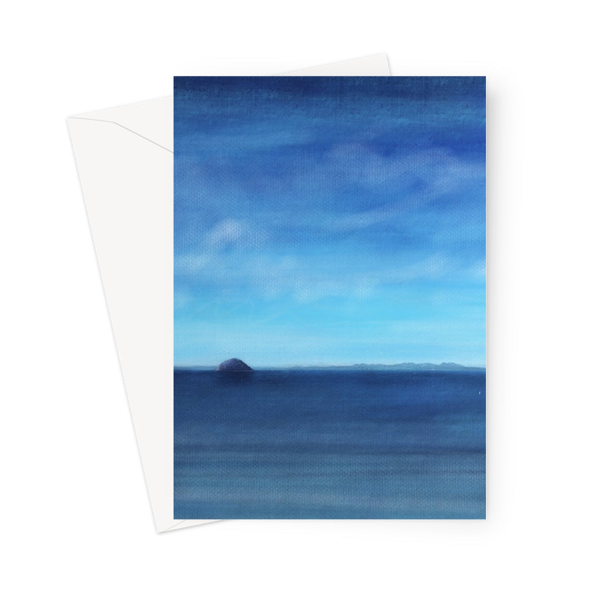 Blue ocean view greeting card with distant rock formation, Arran & Ailsa Craig