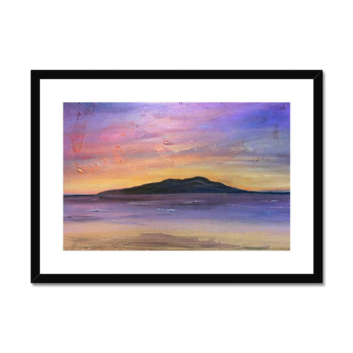 A framed Arran Amethyst art print featuring an abstract sunset over water with vibrant purple pink and orange hues