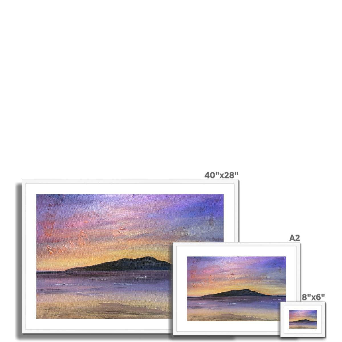 A framed painting of a serene sunset over water with soft purple, pink, and orange hues blending into the sky above a dark silhouette of land.