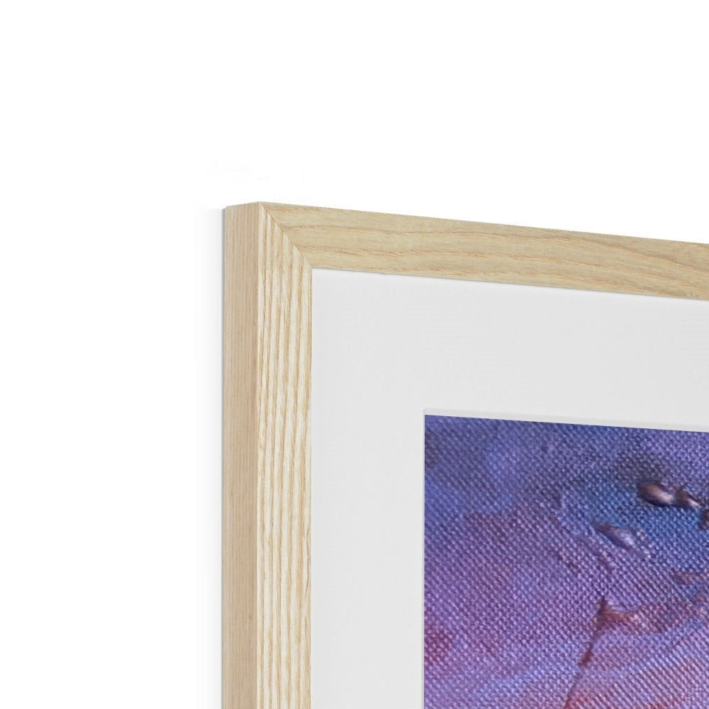 Light oak wood-framed arran amethyst art print with white mat and abstract purple canvas for wall decor
