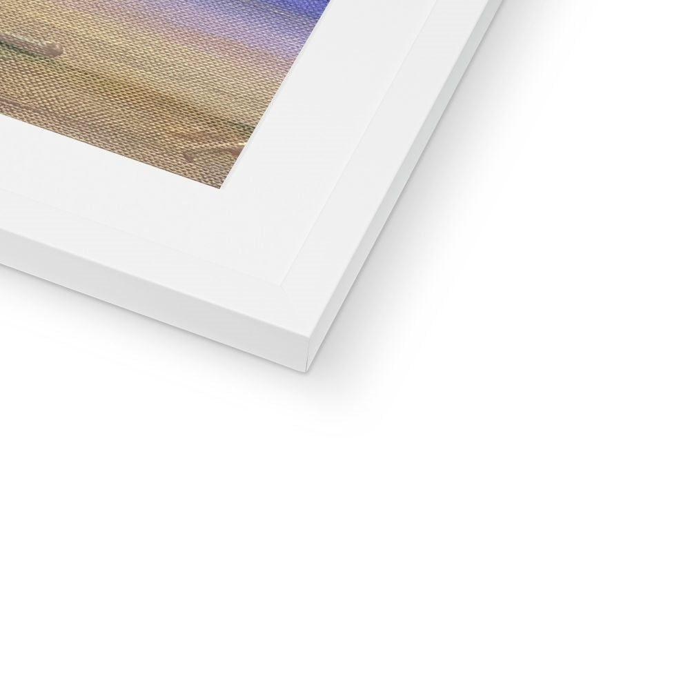 White framed arran amethyst art print featuring a textured woven canvas with soft beige and purple gradient hues