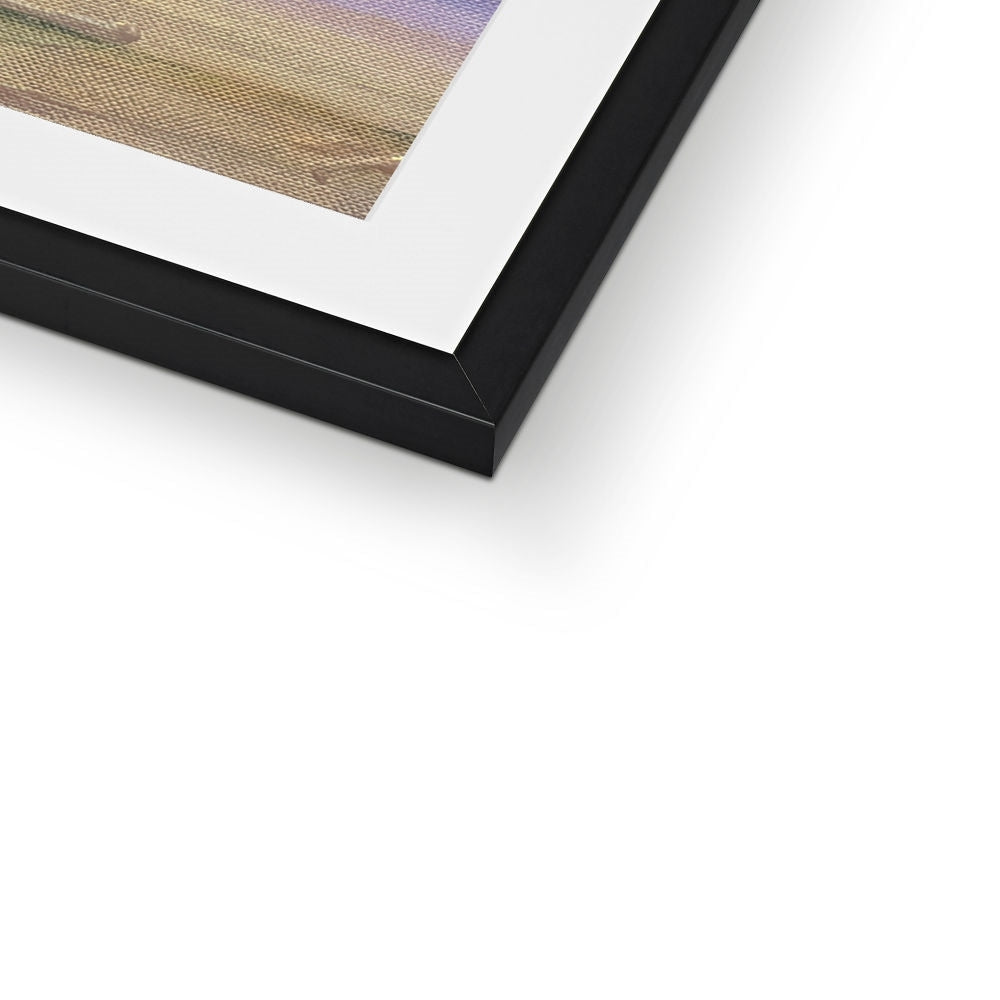 Black framed arran amethyst art print with textured earth-toned canvas and subtle purple gradient in upper corner