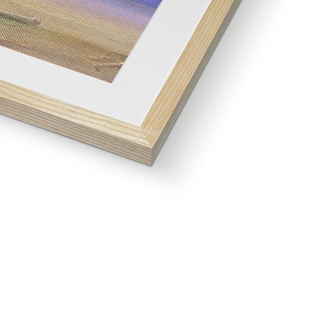 Light wood-framed Arran Amethyst art print on textured woven canvas with soft purple blue and beige gradient hues