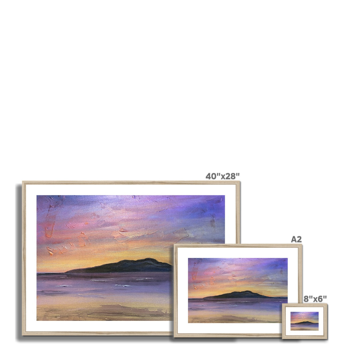 A framed Arran Amethyst art print featuring a serene sunset over water in purple pink and orange hues with brushstrokes