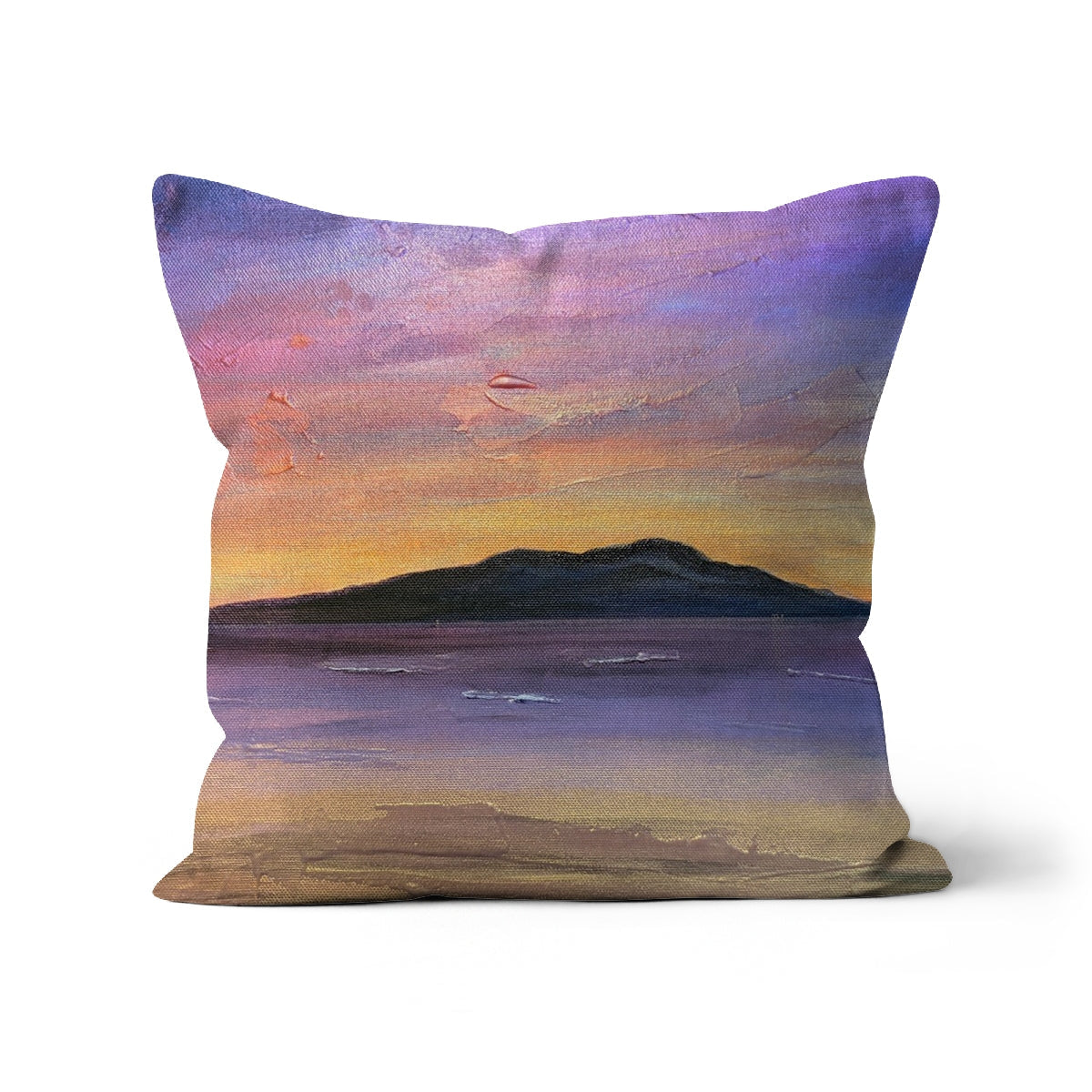 Square throw pillow Arran Amethyst Cushion with painted sunset in purple pink and orange hues over dark land silhouette